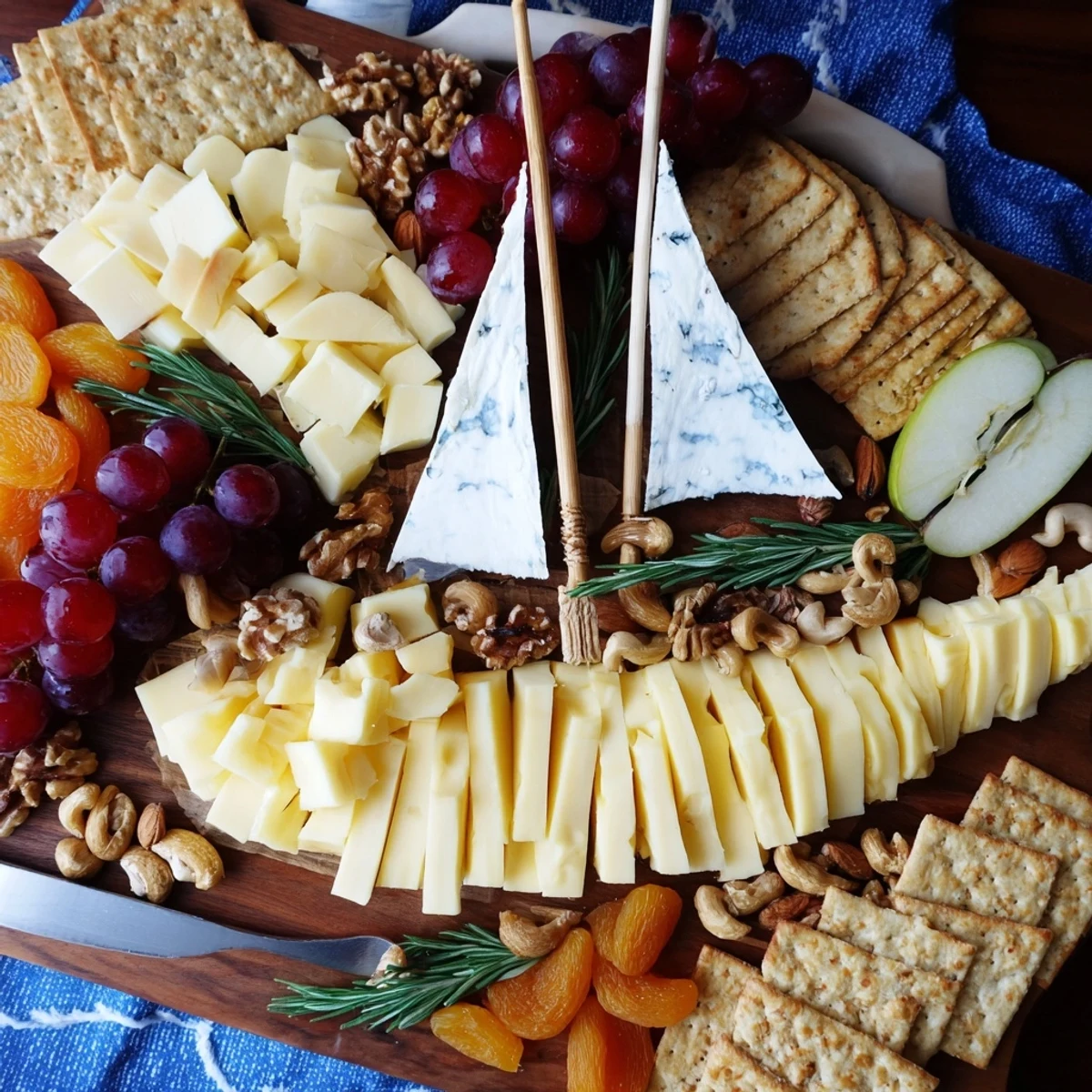 Delicious Sailboat Cheese Platter presentation, a delightful display of cheeses, fruit, and artisan crackers.