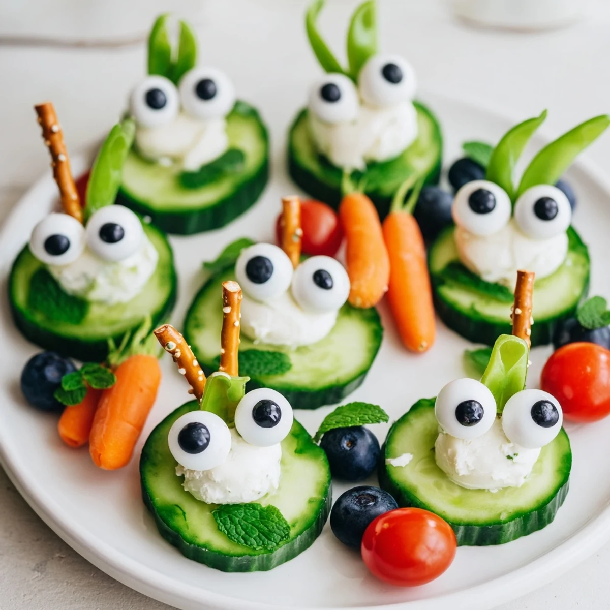 Frog Pond Snack Tray: A whimsical arrangement of frog-shaped snacks with cucumber lily pads, ready to eat.