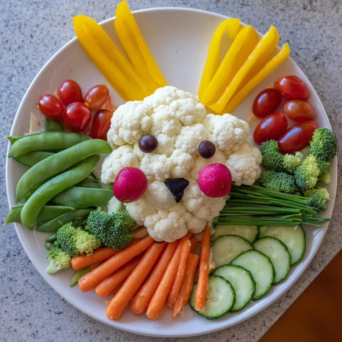 Bunny Meadow Veggie Board: A colorful, whimsical arrangement of fresh vegetables for a spring appetizer.