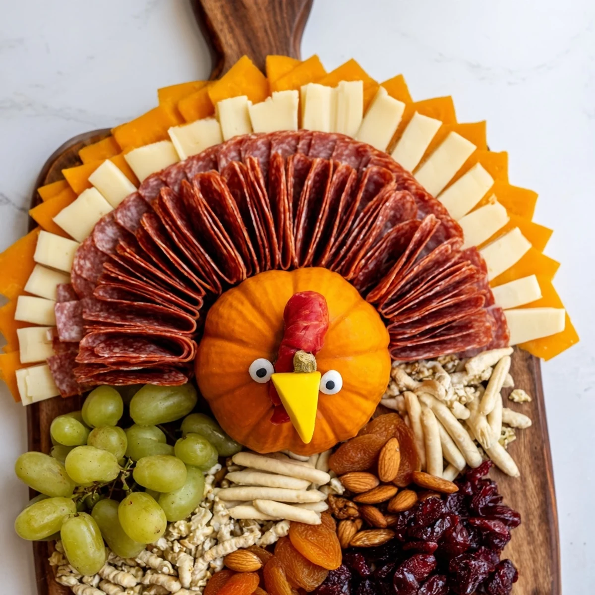 Thanksgiving Wheat Field Turkey Board charcuterie board with cheese, meats, fruits, and crackers arranged beautifully.