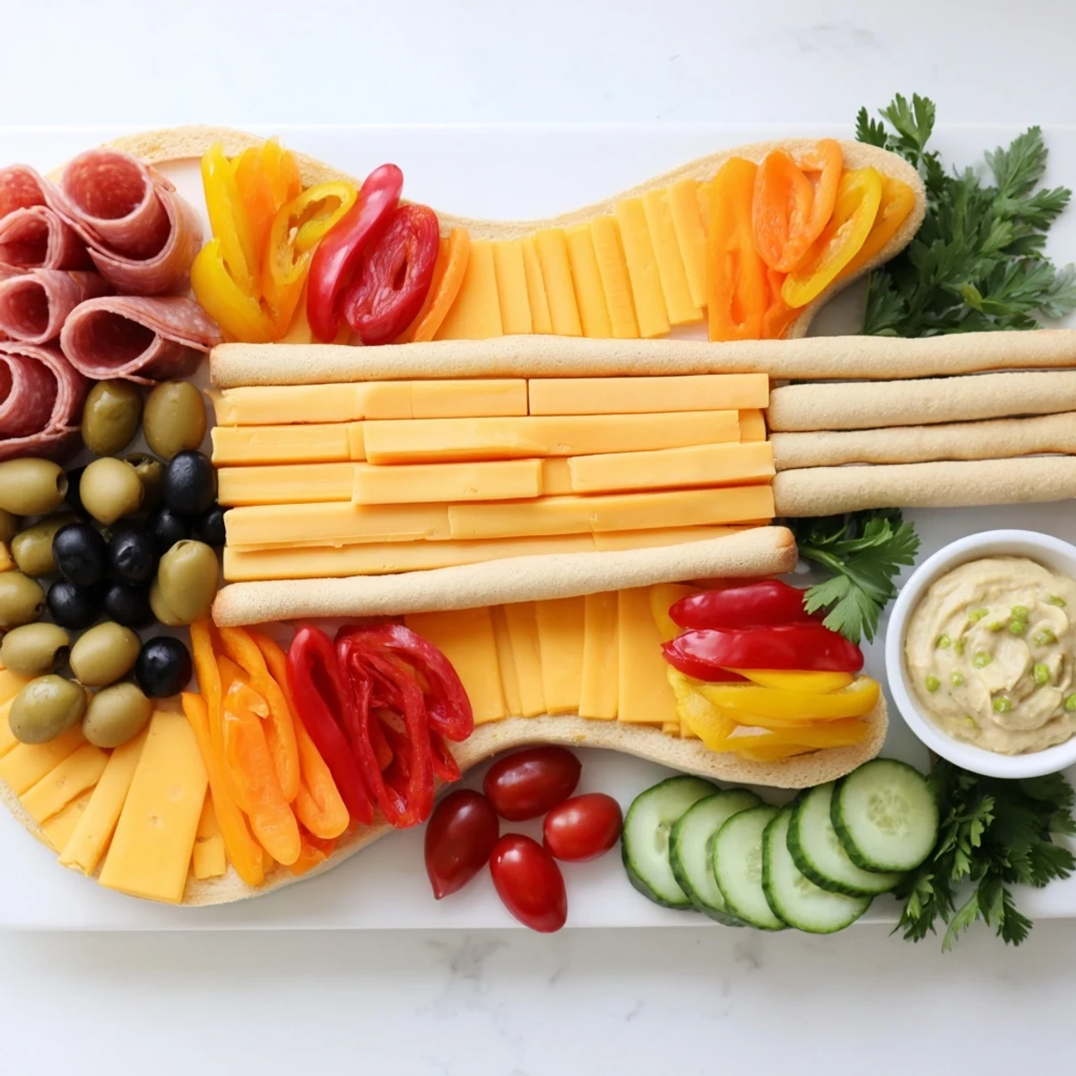 Rock Star Guitar Snack Platter, a visually exciting appetizer, brimming with colorful cheeses and vegetables.