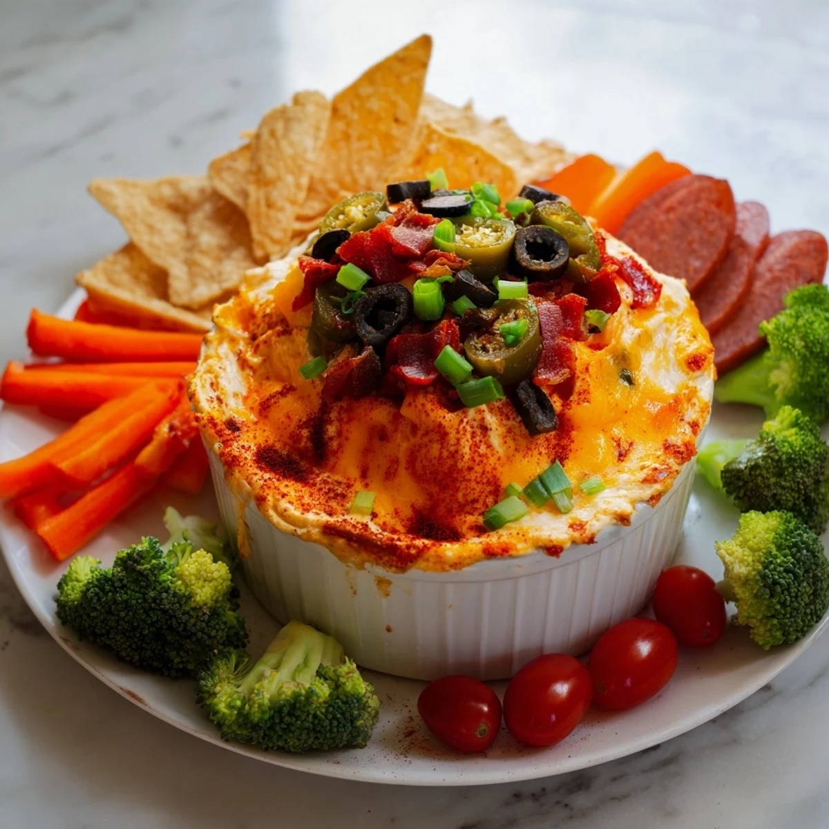 Głęboko spiekany Lava Flow Volcano Dip, pełen serowej lawy, otoczony świeżymi warzywami i chipami.