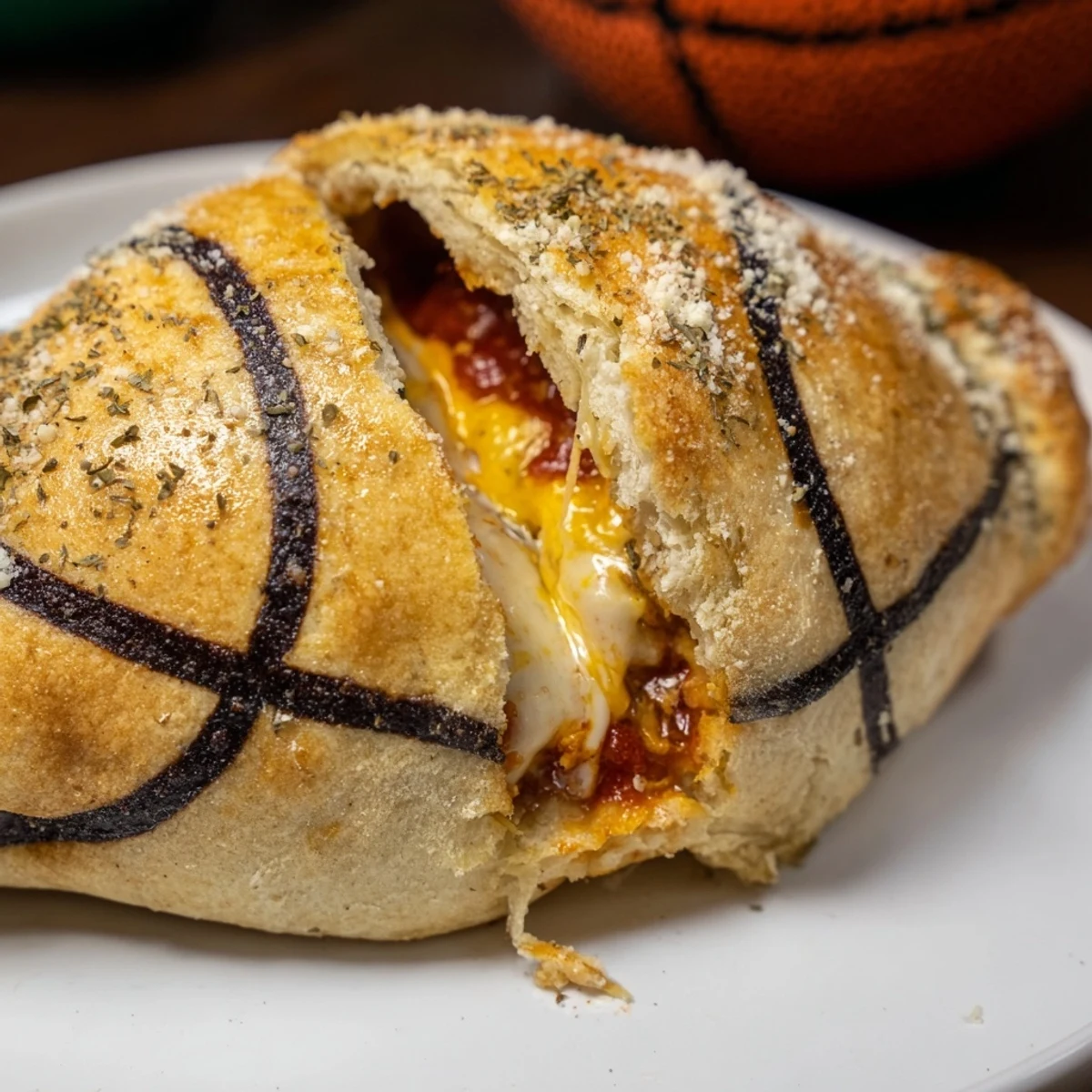 Slam Dunk Basketball Pizza Bites, golden brown and cheesy, ready for dipping in warm pizza sauce.