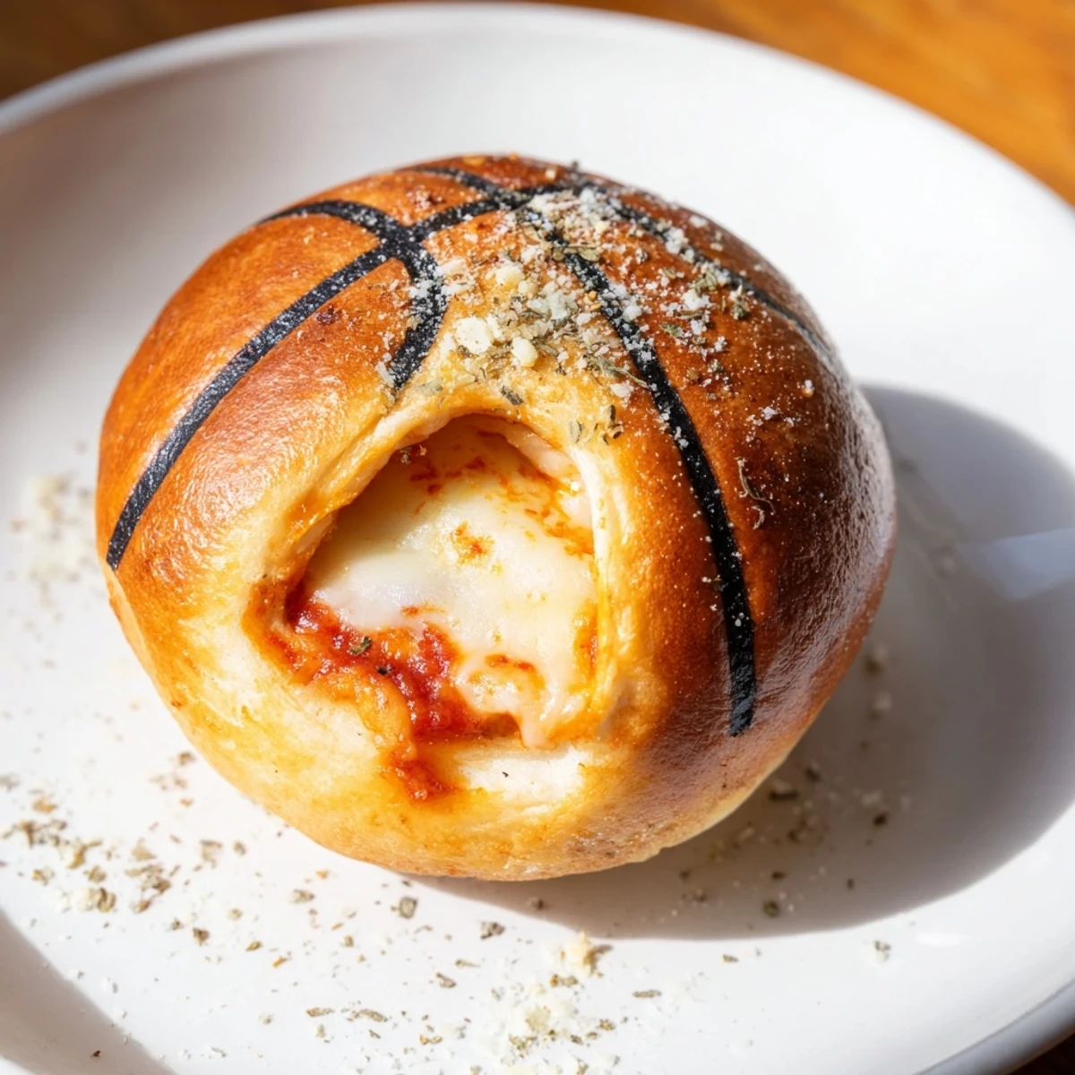 Freshly baked Slam Dunk Basketball Pizza Bites, showing off detailed black "basketball" lines and herbs.