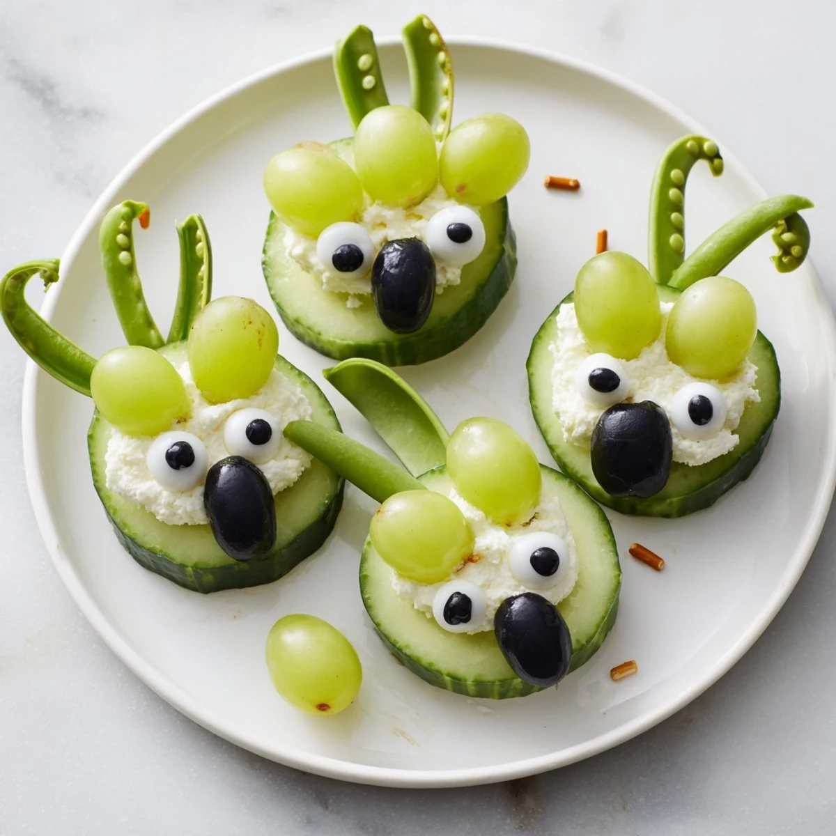 Delicious Little Green Men Alien Snack Attack platter, showcasing adorable, healthy, fun party food.