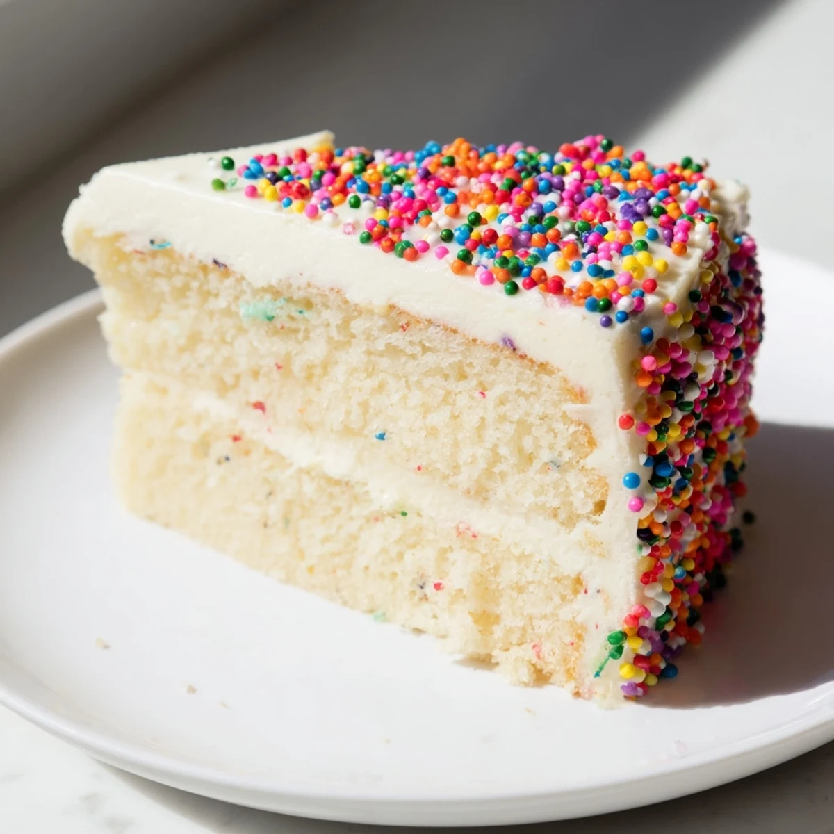 Festiwalowa, warstwowa urodzinowa ciasto z kremowym lukrem i kolorową posypką, po prostu pyszne.