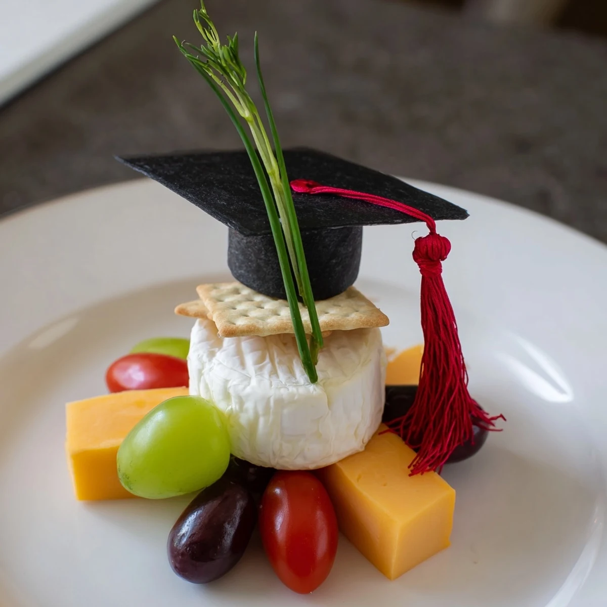 Uroczy, wielobarwny talerz w kształcie czapki absolwanta z serem, winogronami i oliwkami, idealny na uroczystość.