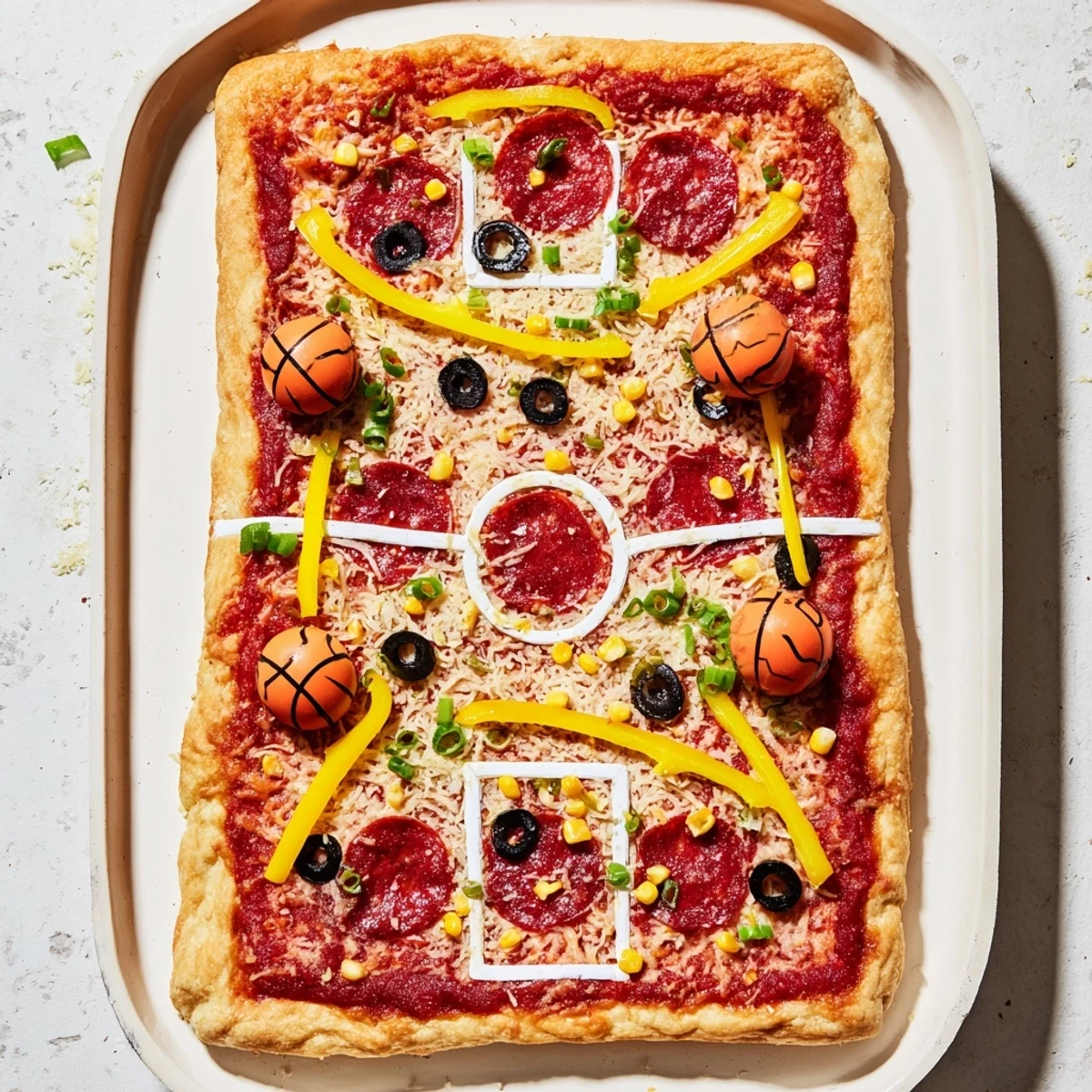 A playful, crowd-pleasing pizza designed to look like a basketball court, complete with fun free throw topping shots. Perfect for sports parties or family nights.