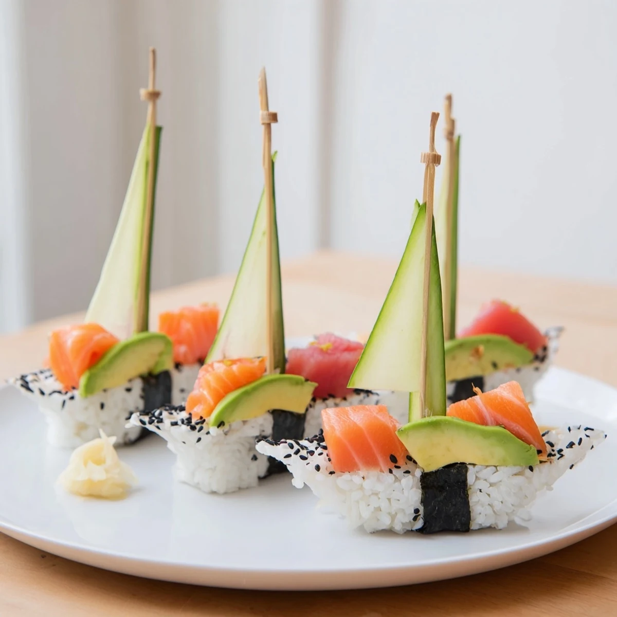 Delightful sushi sailboats at sea, with fresh salmon and tuna, ready to enjoy as an appetizer.