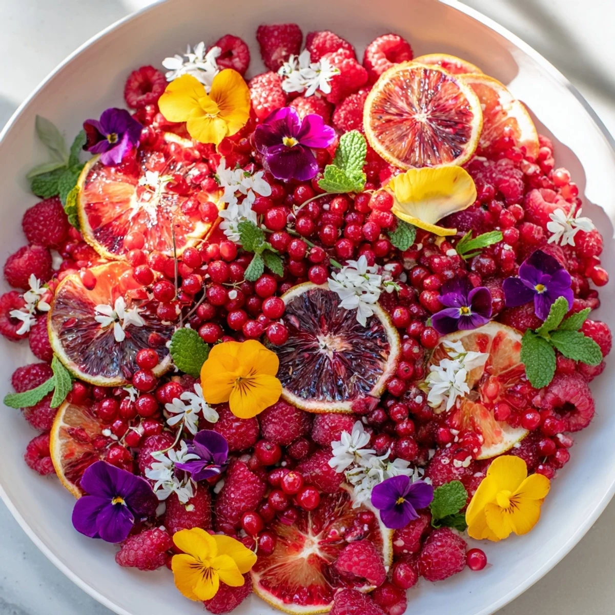 A beautifully arranged Champagne Bar Garnishes spread with juicy berries, citrus slices, and colorful edible flowers.