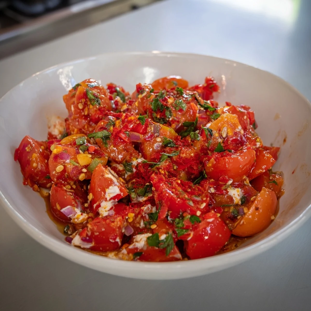 Fiery Volcanic Lava Spicy Dip with vibrant red peppers served with pita chips.