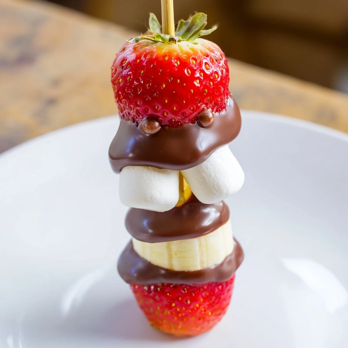 Słoneczne truskawkowo-bananowe patyczki Świętego Mikołaja, gotowe do podania na talerzu na świąteczną przekąskę.