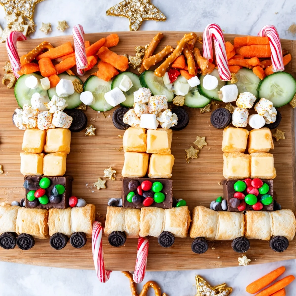 Polar Express Train Treat Board, a colorful, festive snack board, filled with sweet and savory treats.