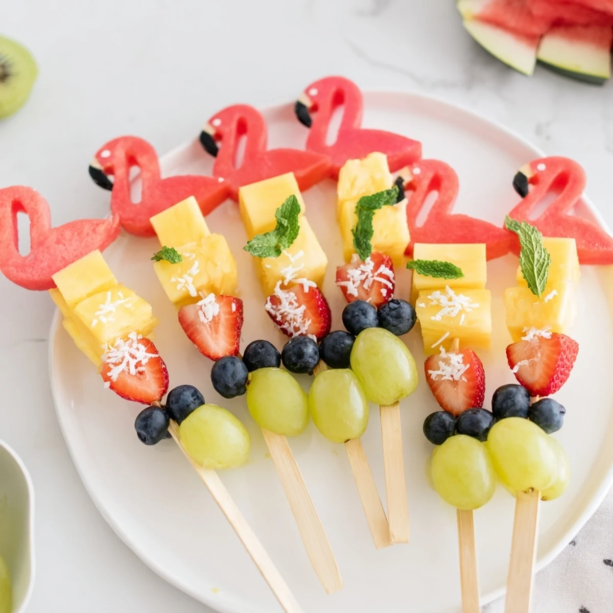 Soczysty, kolorowy Flamingo Fruit Skewer Platter, pełen tropikalnych owoców i wesołych szaszłyków.