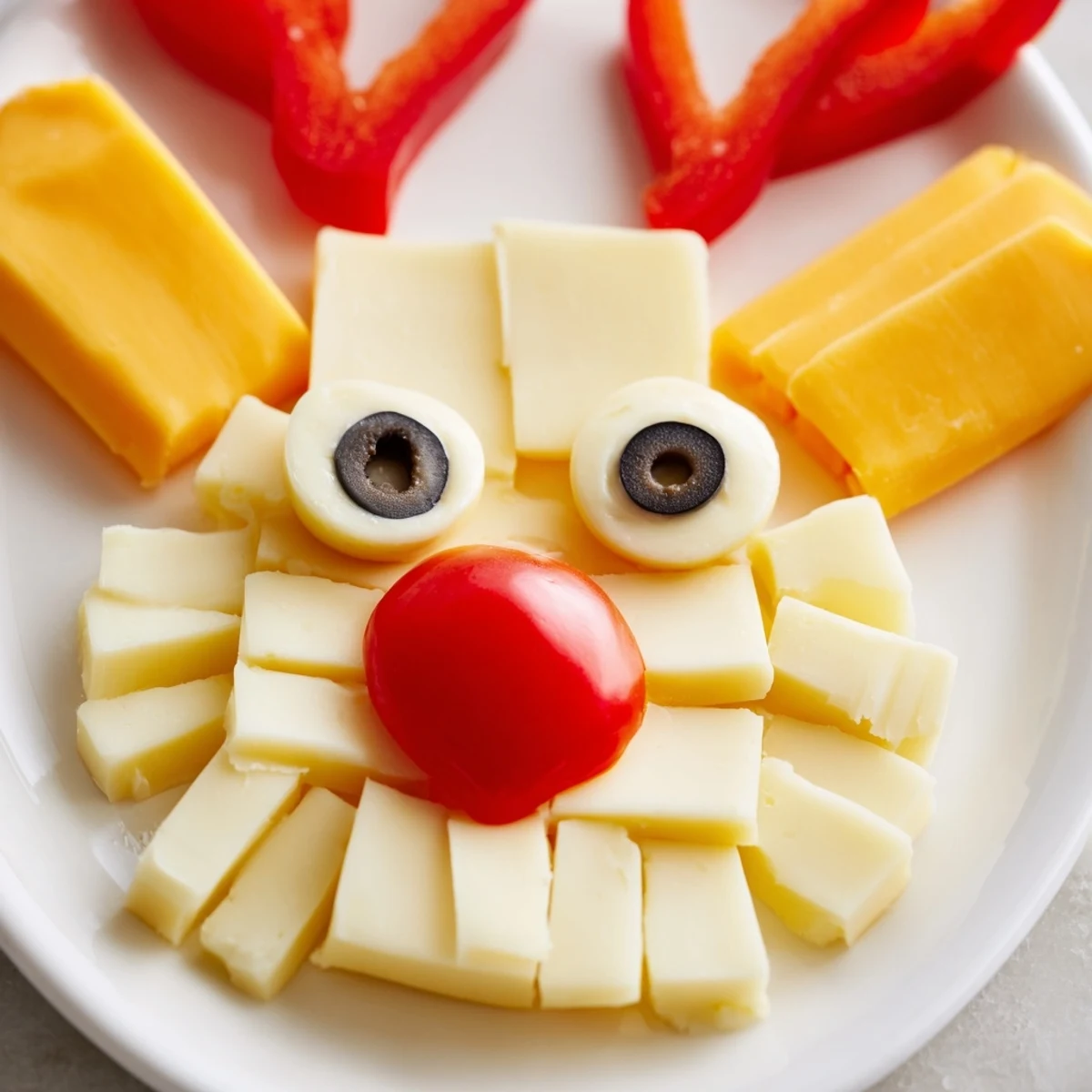 Cheesy Reindeer Face Platter displaying a festive array of cheese, olives, and red pepper arranged creatively.