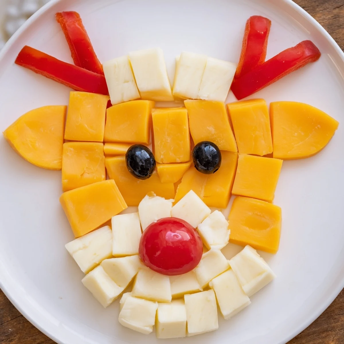 This vibrant Cheesy Reindeer Face Platter features cheese, veggie "antlers," and a bell pepper nose, ready to eat.