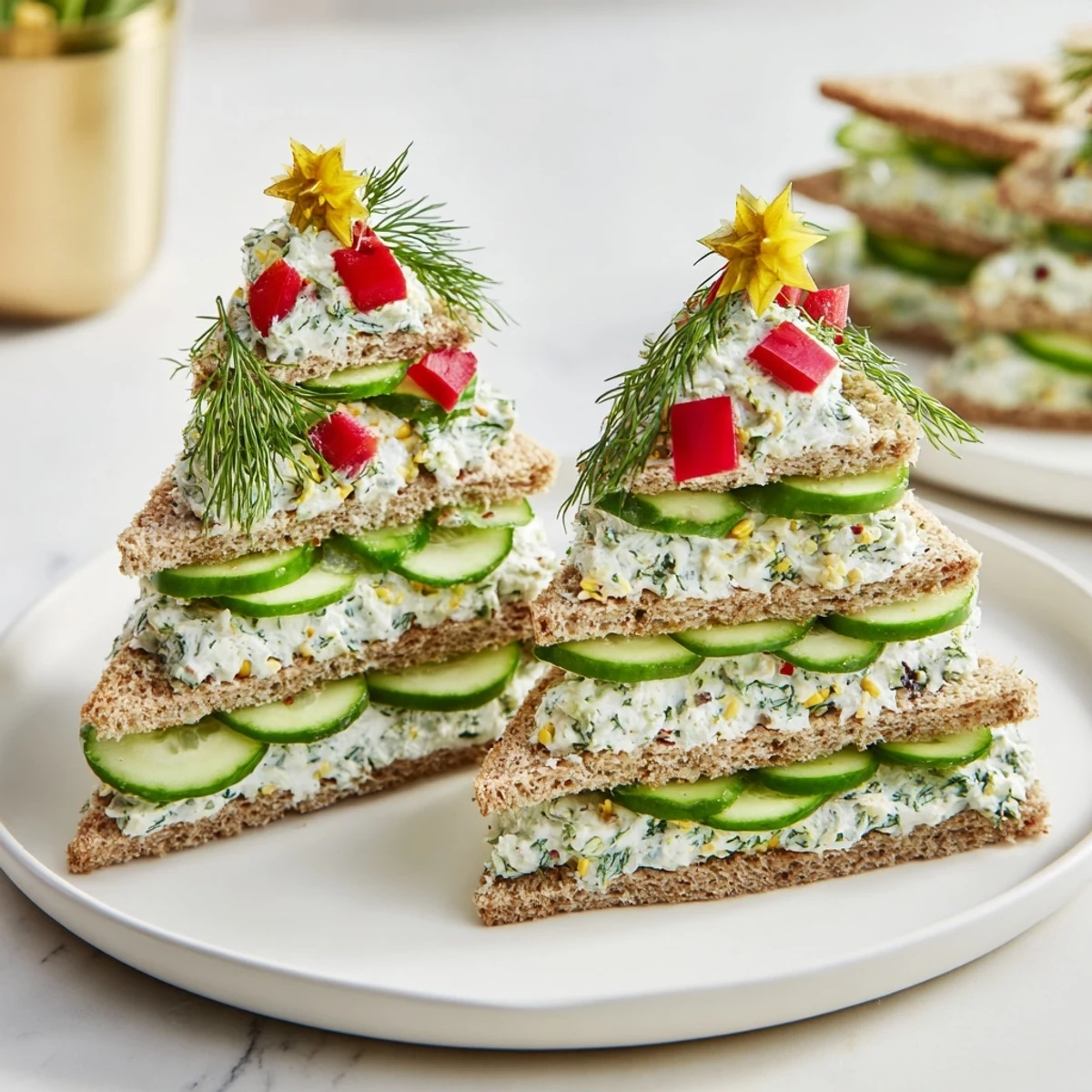 Świeże stosy z ogórka i serka śmietankowego: widok na warstwowe, zielone drzewka, pyszne na przekąski.