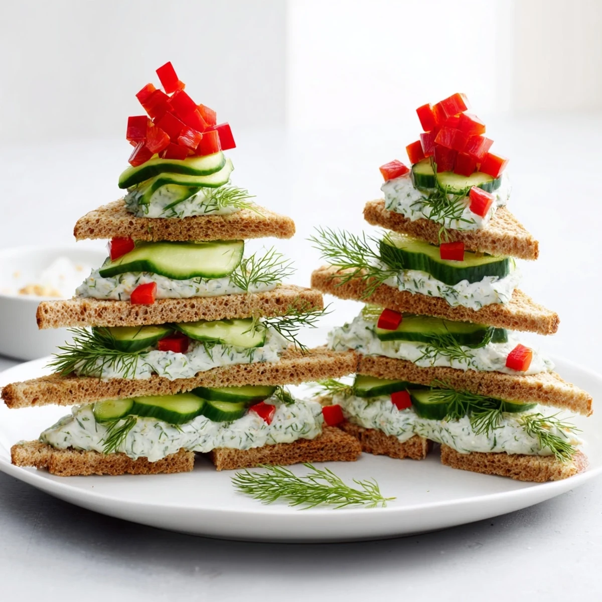 Zdjęcie stosów z ogórka i serka śmietankowego, udekorowanych czerwoną papryką, idealne na świąteczny stół obfitości.
