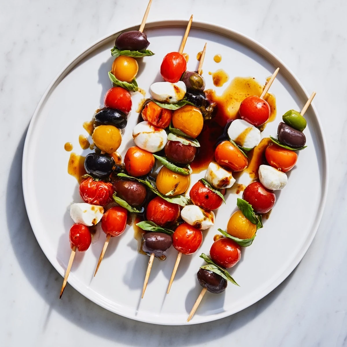 Vibrant Christmas Lights Olive and Tomato Skewers, a delicious vegetarian appetizer perfect for parties.
