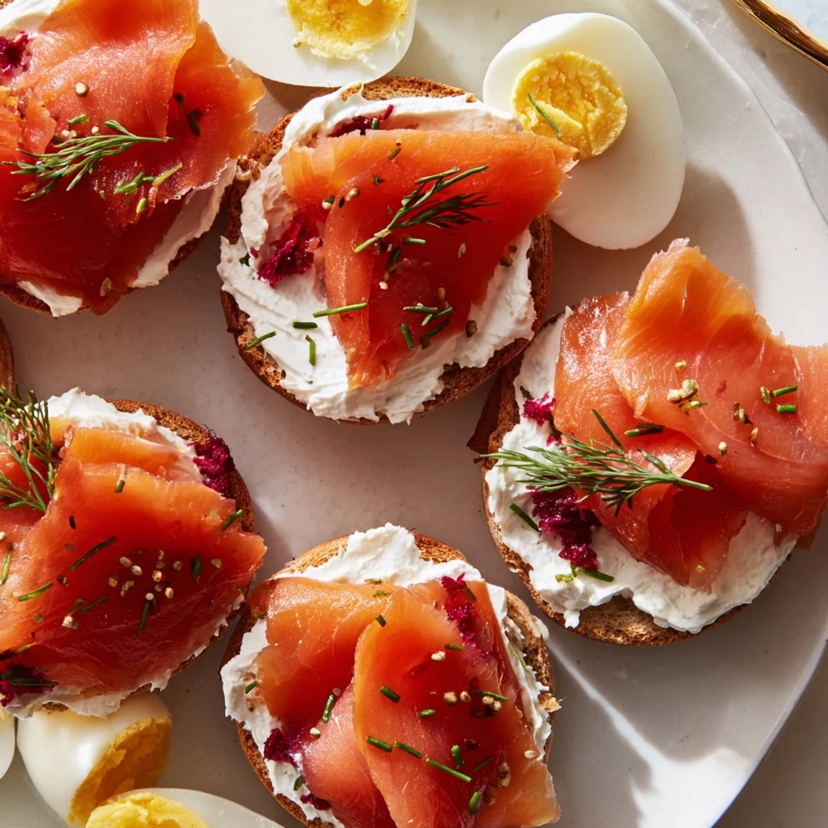 Vibrant brunch spread: a cranberry sleigh bagel board brimming with bagels, cream cheese, and garnishes.