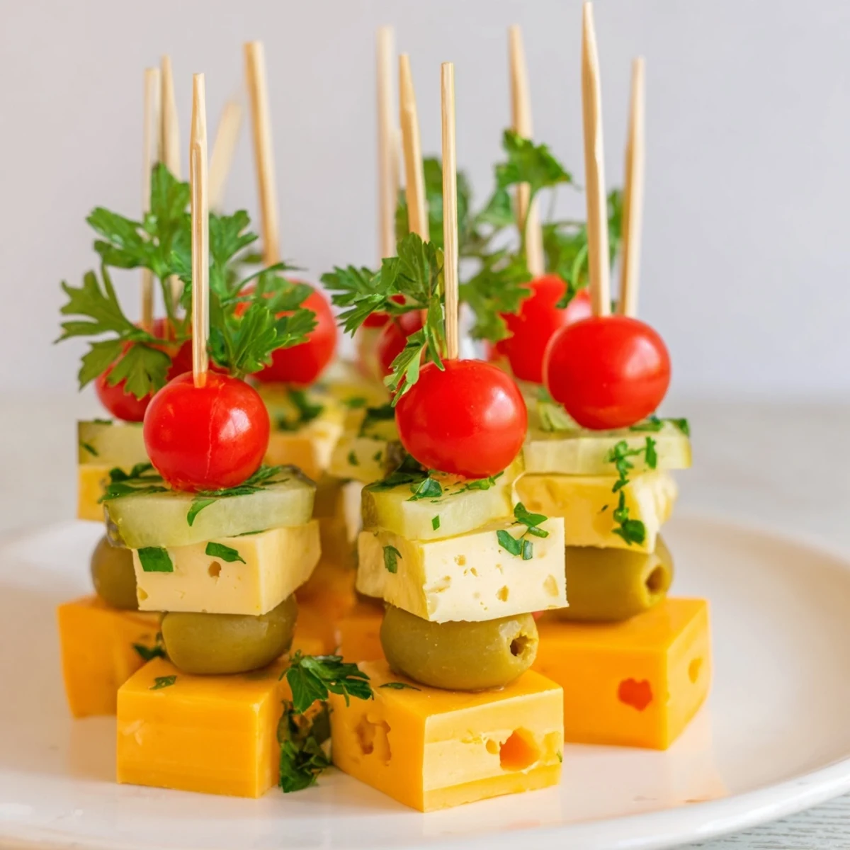 Festive Cube Cheese Stack, a colorful appetizer, showcases cheese cubes with cherry tomato tops.