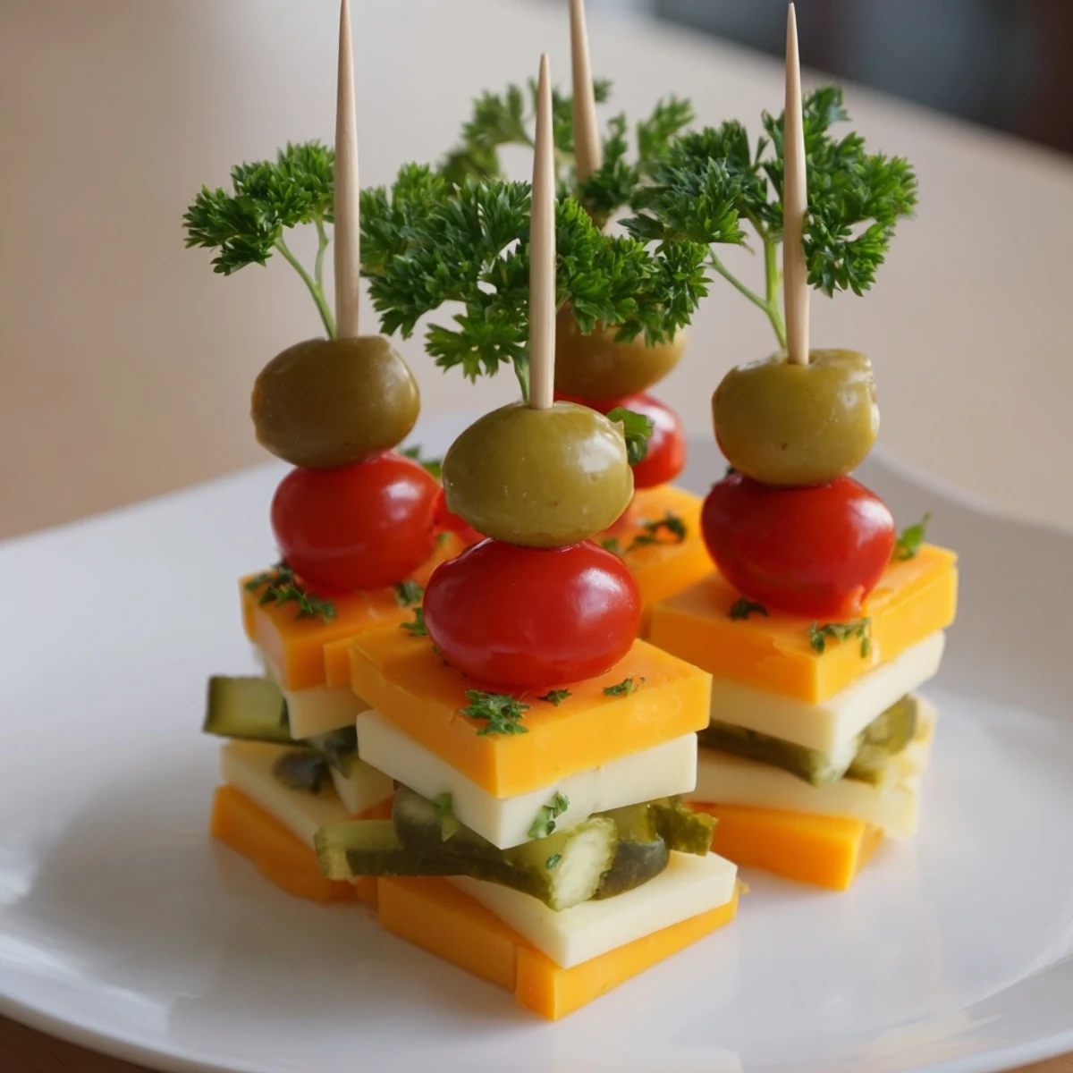 A visually appealing Festive Cube Cheese Stack with layered cheeses and garnished with olives perfectly ready.