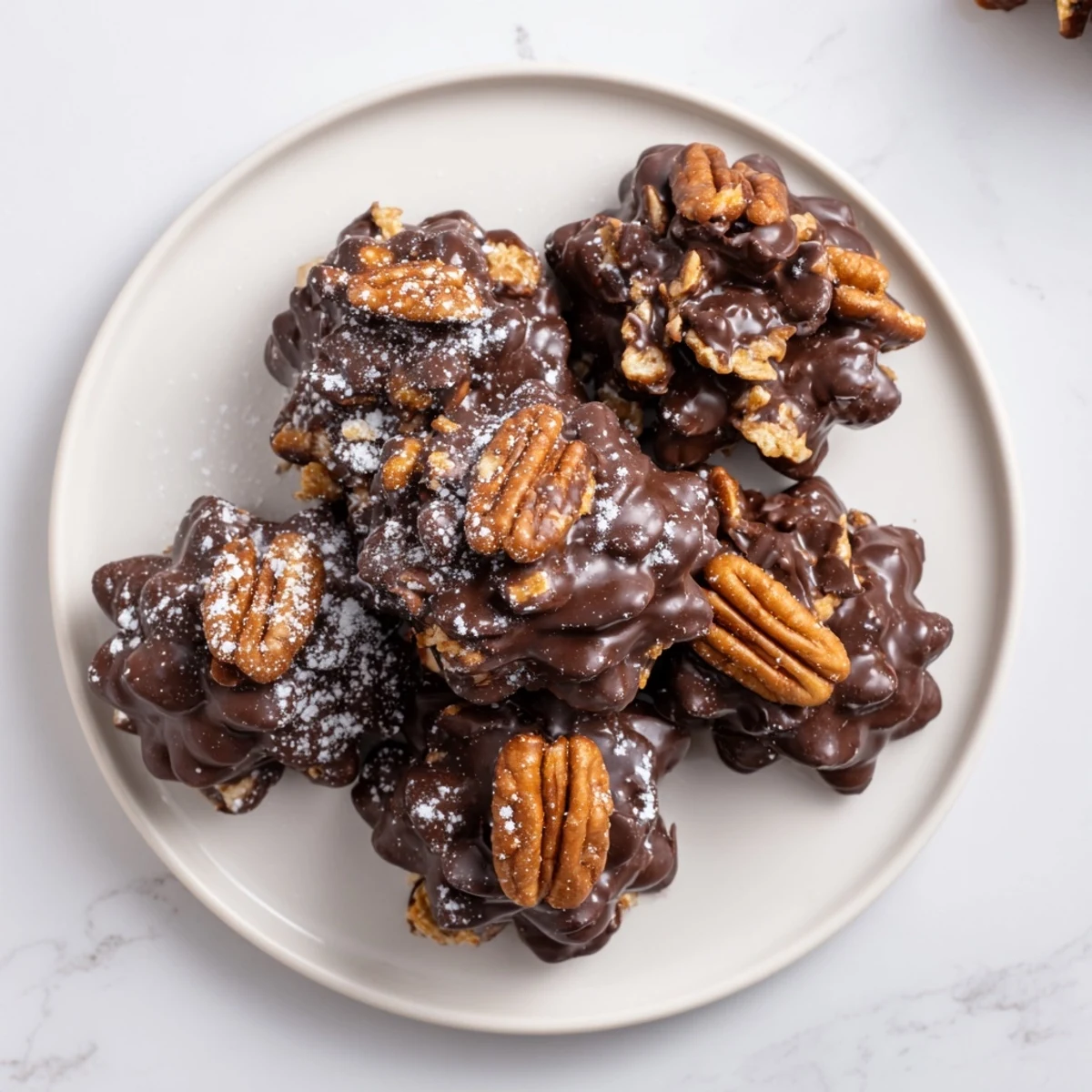 Rustic Dessert: Pinecone Chocolate Nut Clusters. A close-up of the delicious chocolate clusters shaped to look like small pinecones.