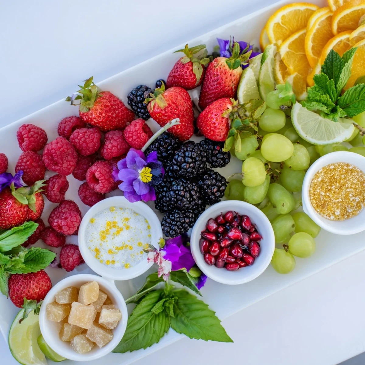 A dazzling Bubbly Bar Garnish Platter overflowing with fresh fruit and edible accents, perfect for New Year's Eve.