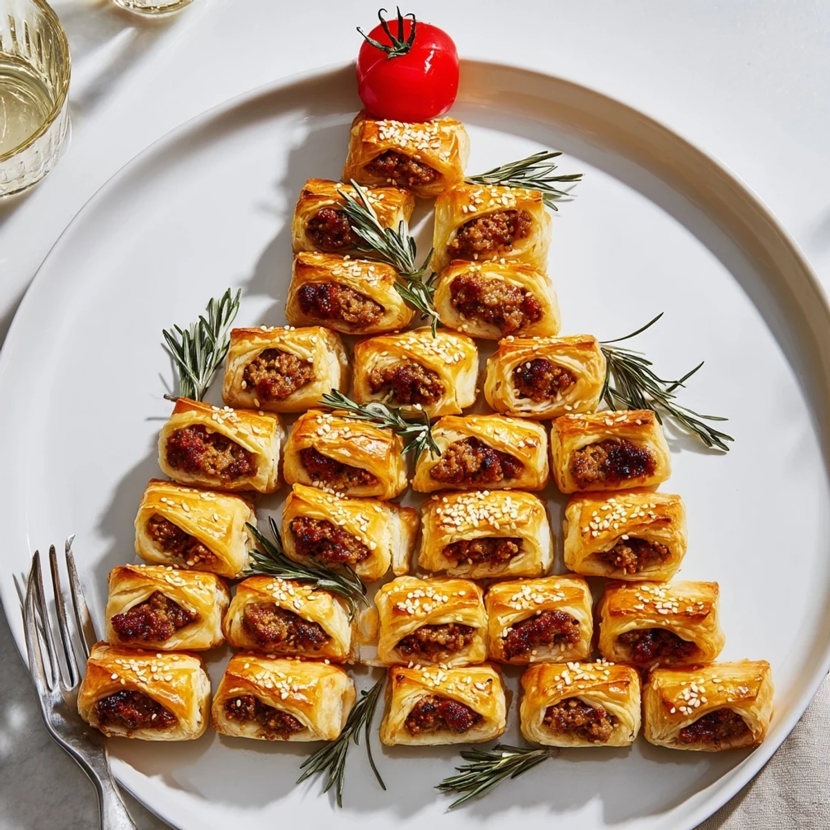 Delikatne mini roladki z kiełbasą ułożone jako świąteczne drzewko, idealne na bożonarodzeniowy stół.