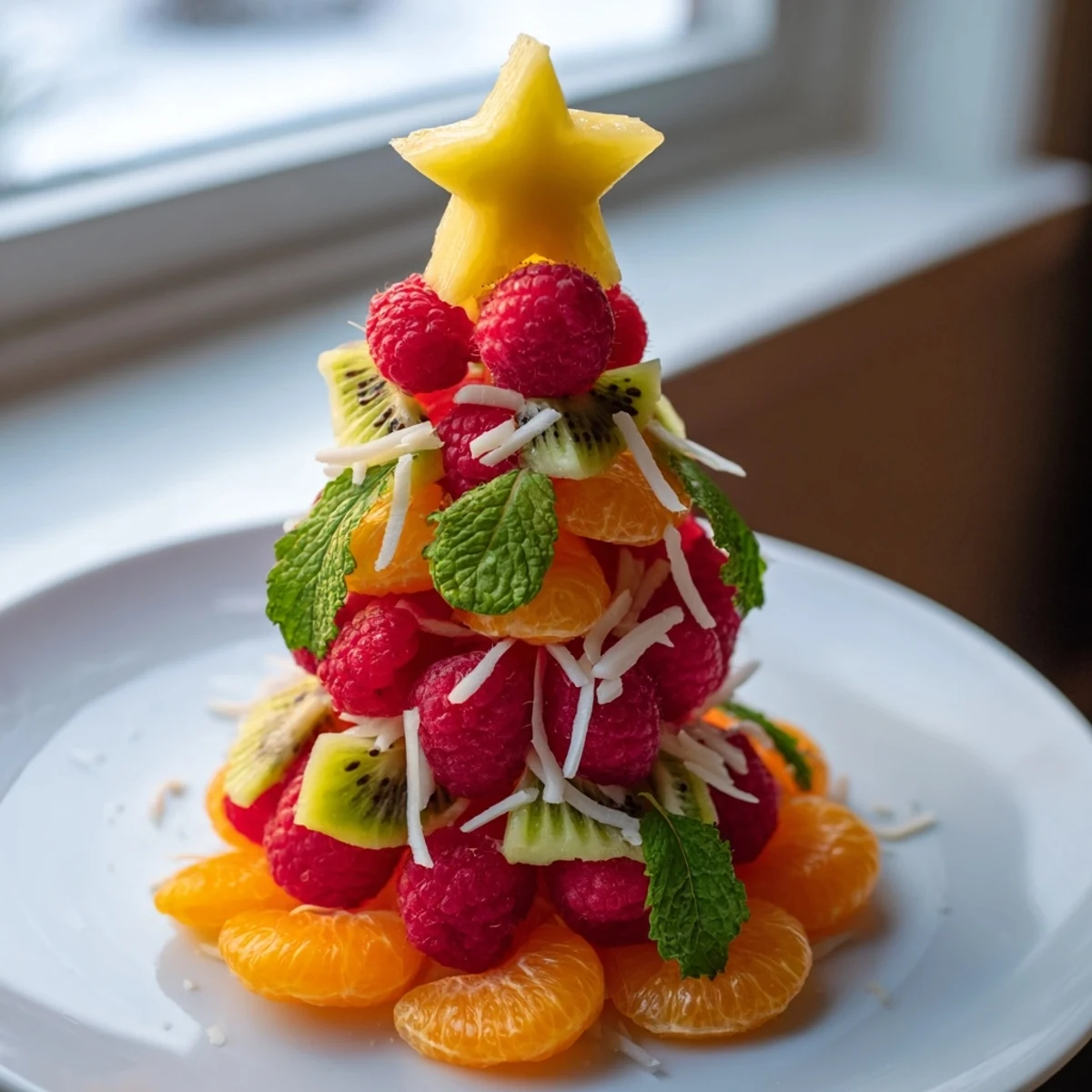Freshly sliced kiwi and ruby red raspberries create a festive Christmas tree fruit plate.