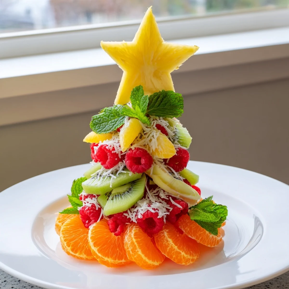 Healthy and colorful: A dairy-free kiwi and raspberry Christmas tree fruit plate ready to enjoy.