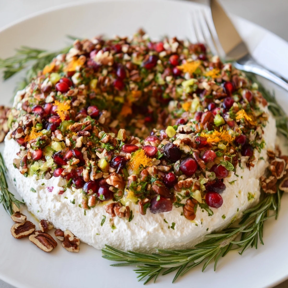 Świąteczny Cranberry Feta Dip Wreath, bogato ozdobiony świeżym rozmarynem i orzechami.