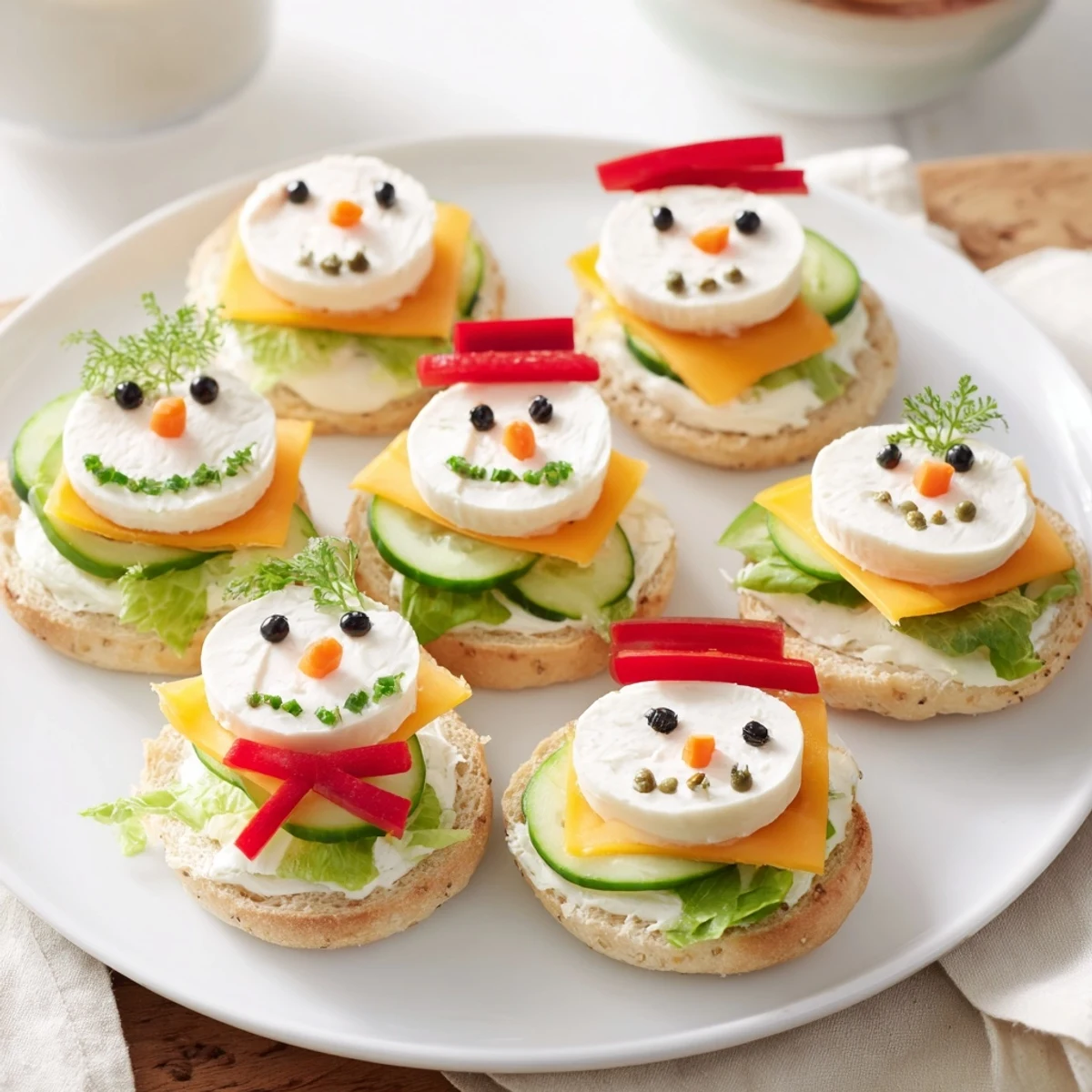 Cream cheese-filled Snowman Mini Bagel Sandwiches, creatively decorated with veggies for a fun lunch.
