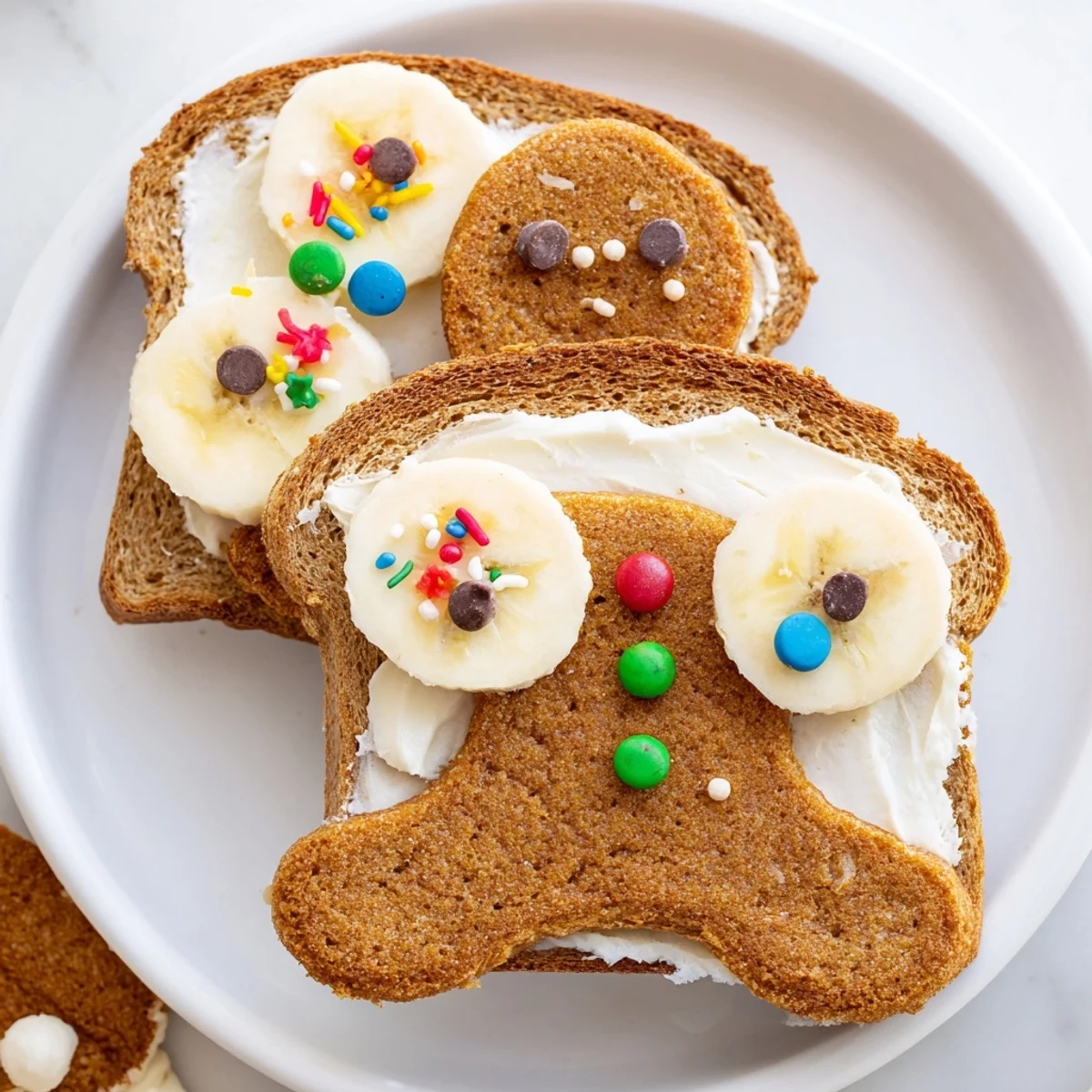 A plate of colorful gingerbread man sandwich cutouts, perfect for a kids' party or lunch.