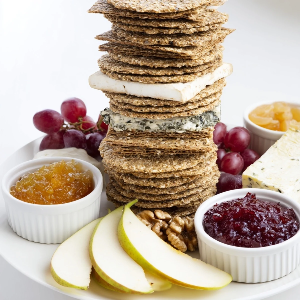 Gourmet Crackers recipe arranged on a stylish board with fruit and colorful preserves.