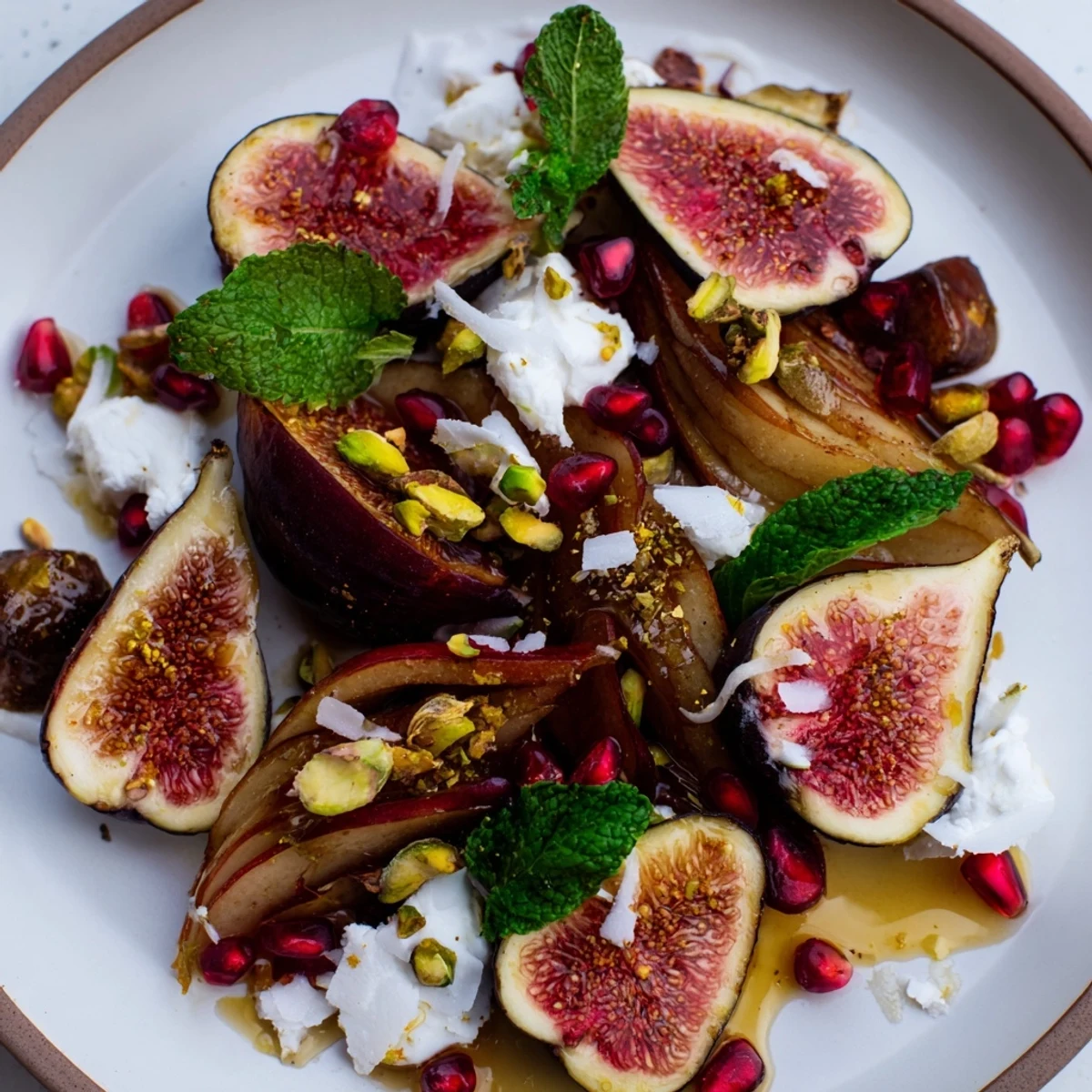 Słodka taca z zimowymi owocami: figi i daktyle z śnieżnymi płatkami kokosa, gotowa do serwowania.