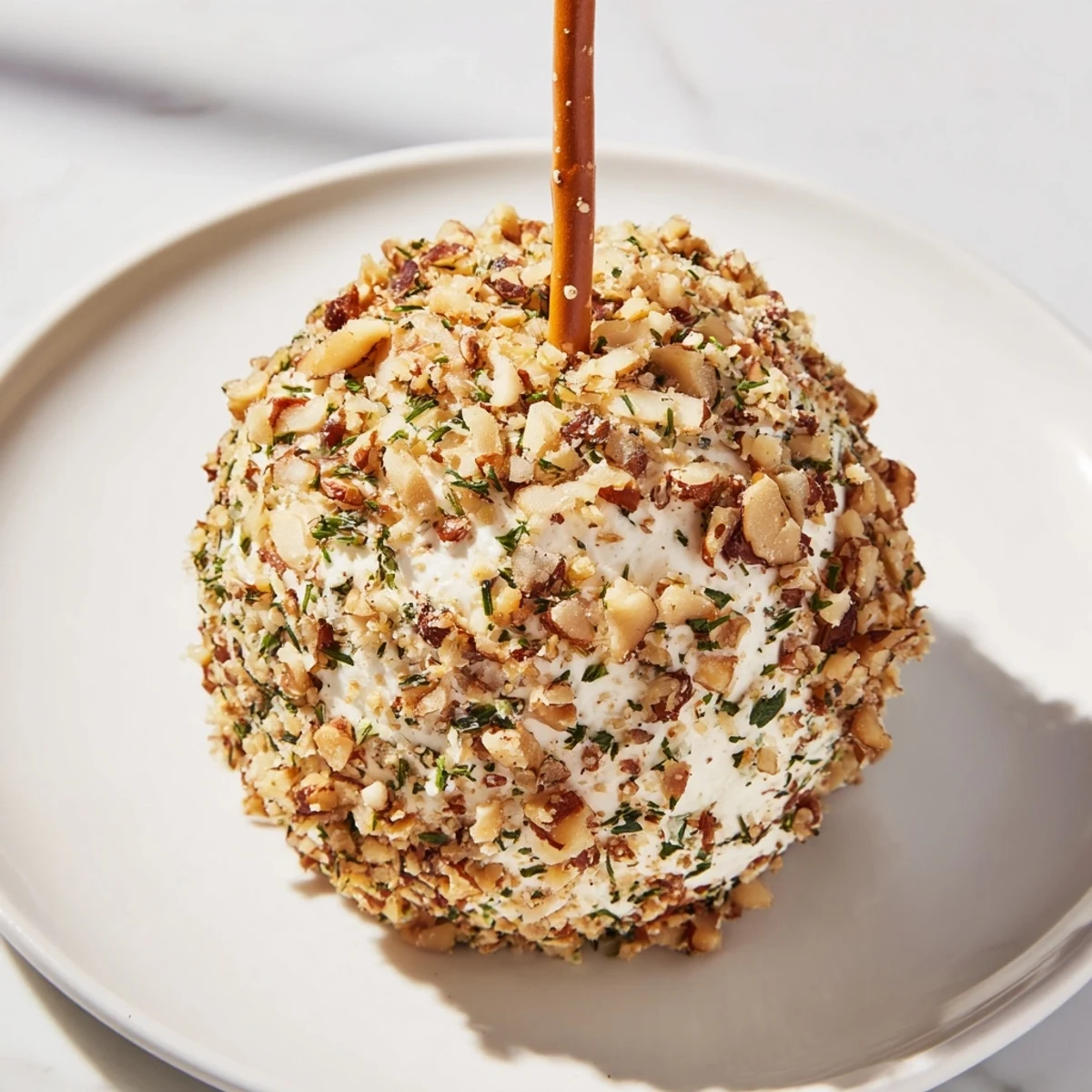 Festive, bite-sized Champagne Cork Cheese Balls appetizers with pretzel "corks" ready to enjoy.