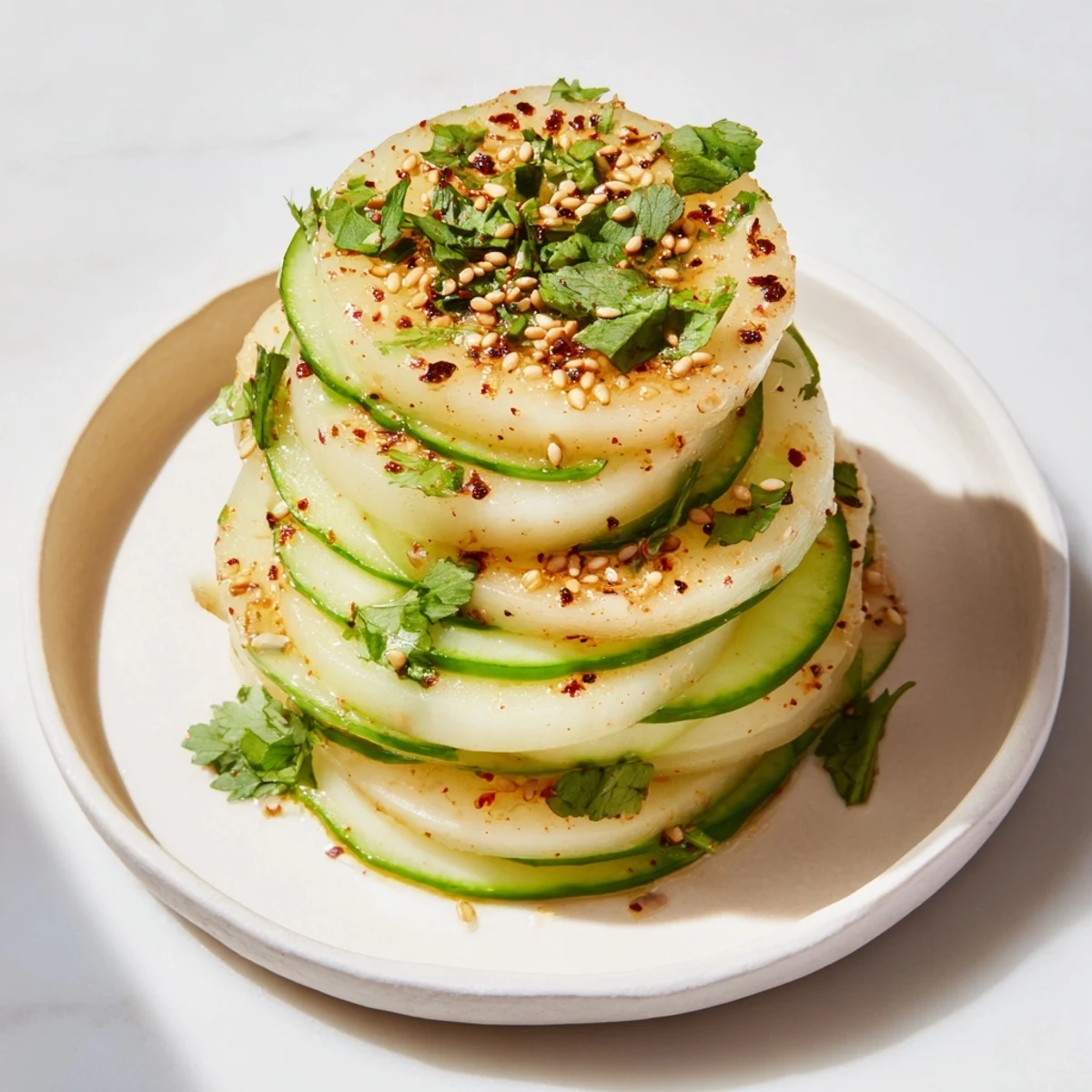 Chrupiące plastry jicamy i ogórka ułożone w stosy, polane pikantnym sosem limonkowo-chili.