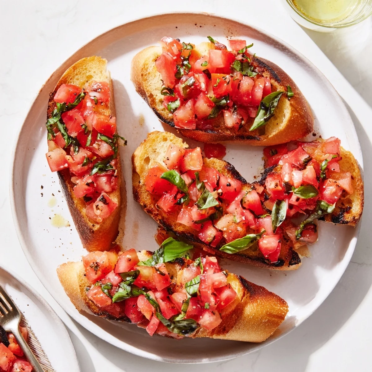 Chrupiące tosty bruschetta podane w eleganckiej linii, udekorowane świeżymi liśćmi bazylii i sosem.