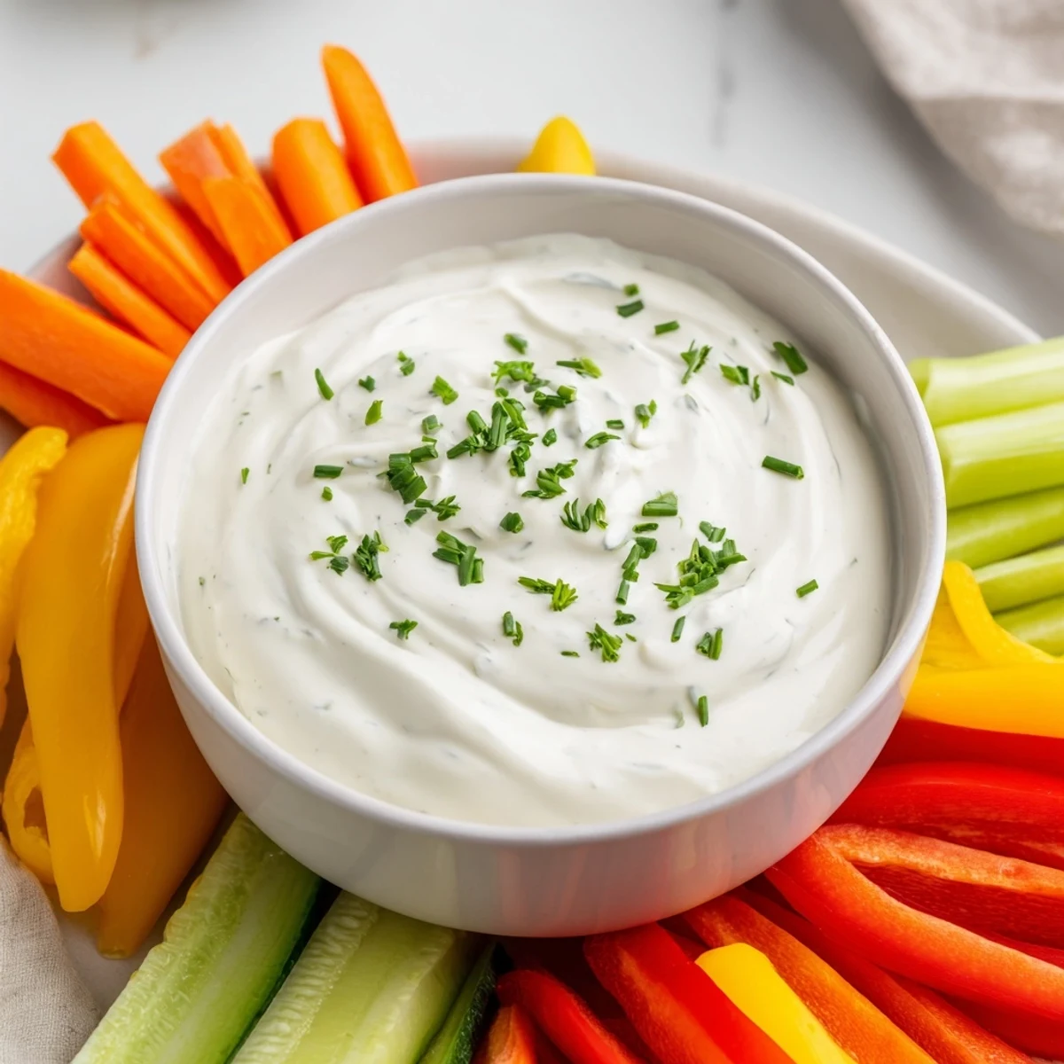 A close-up of creamy KIDS Dip with colorful veggie sticks, showing a quick snack idea.