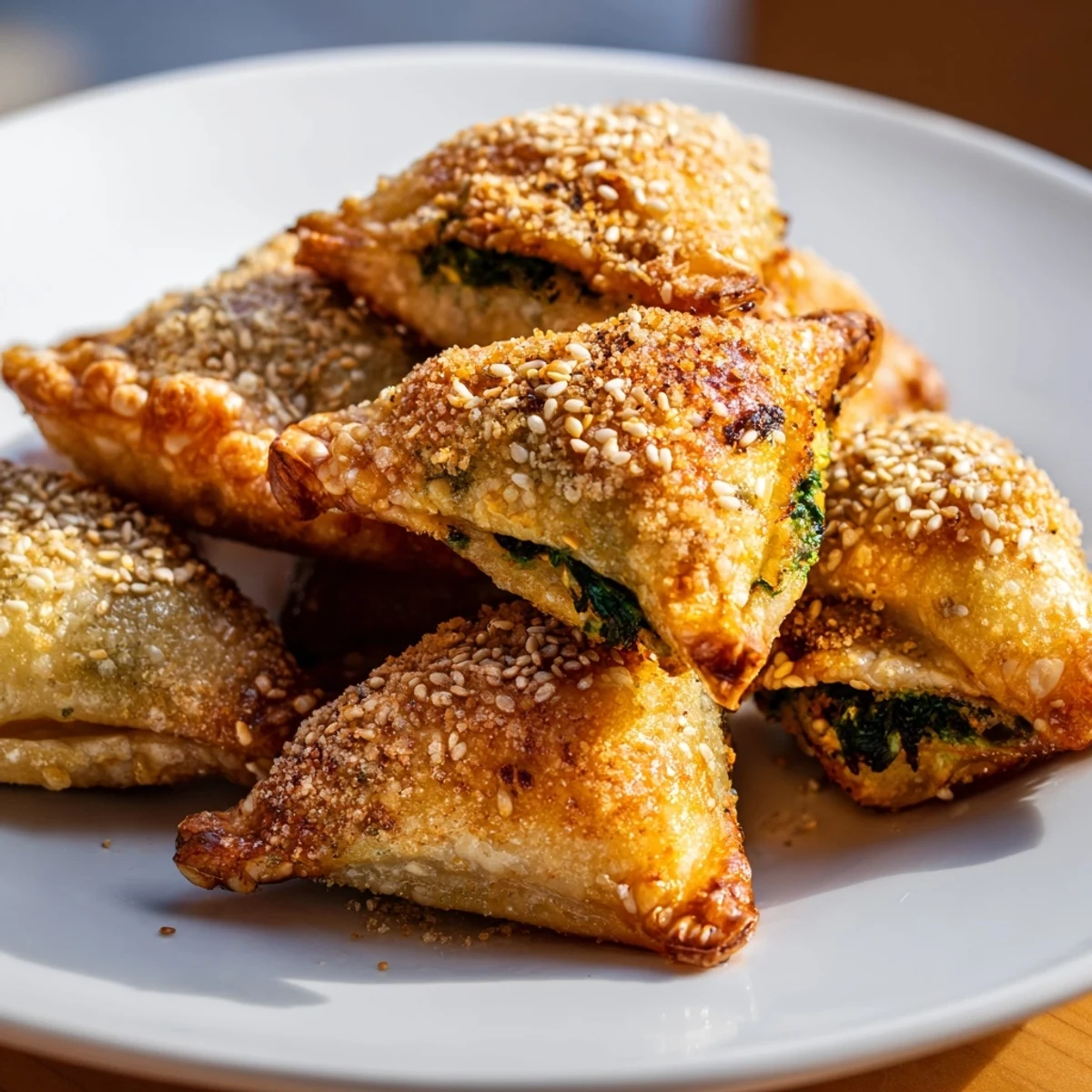 Apetyczne mini trójkąty Spanikopita, złociste i chrupiące, idealne na grecką przystawkę.