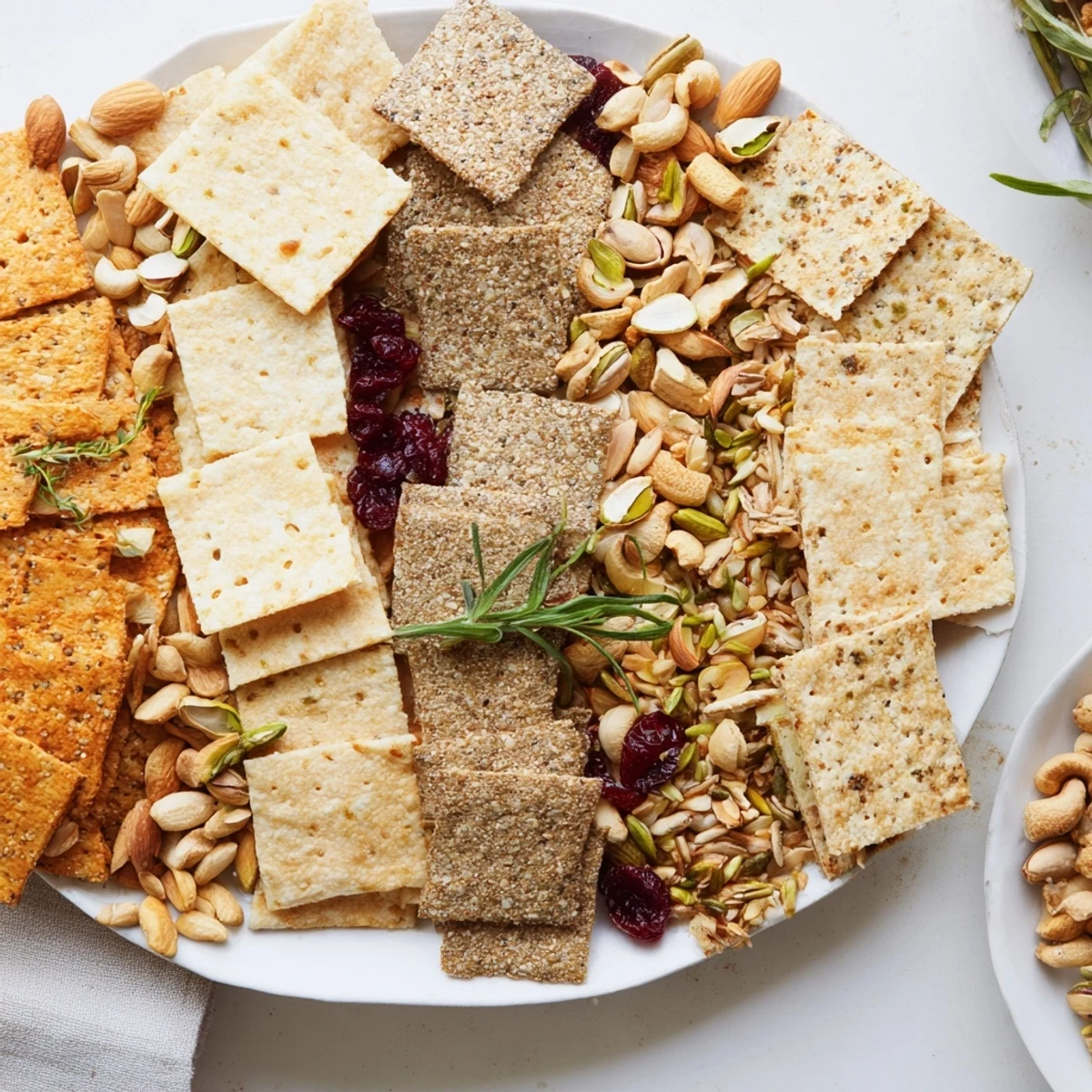 Pyszna mieszanka świątecznych krakersów, obok suszonych żurawin i prażonych orzechów, gotowa do jedzenia.