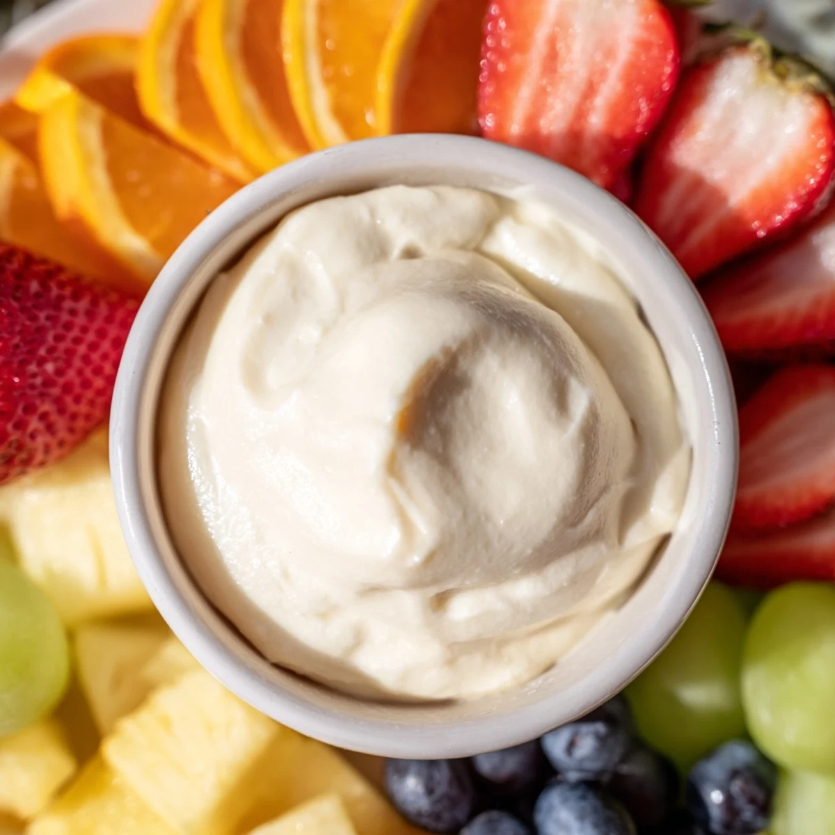 Creamy cream cheese fruit dip in a bowl with fresh, colorful fruit arranged around.