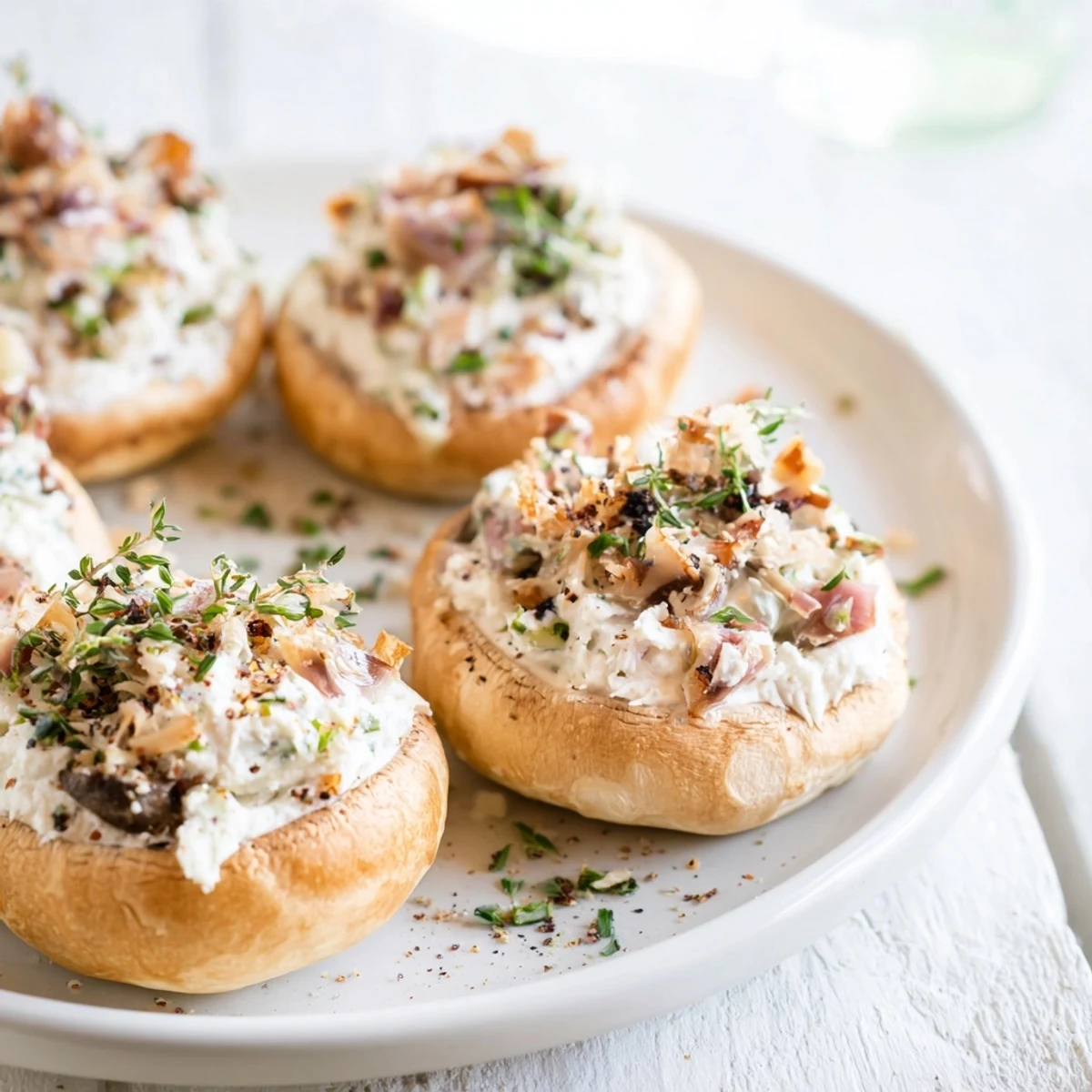 Golden-brown Stuffed Mushroom Caps, with a herbed cheese filling and breadcrumb topping.