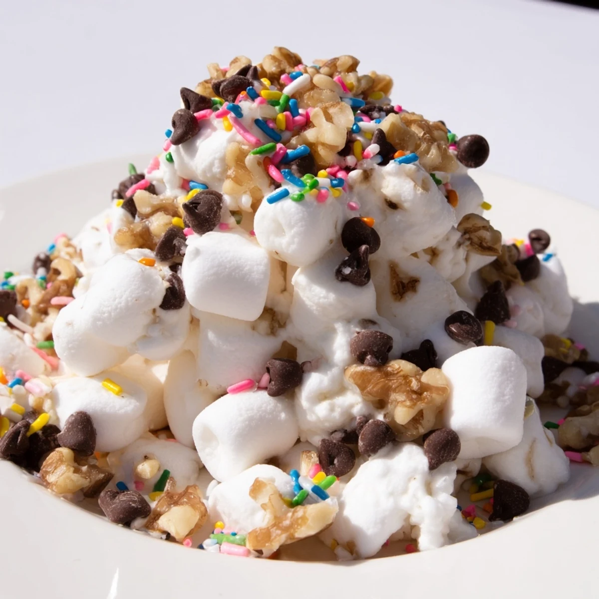 A close-up of quick dessert: chocolate chips and mini marshmallows heap, perfect for sharing and easy to make.