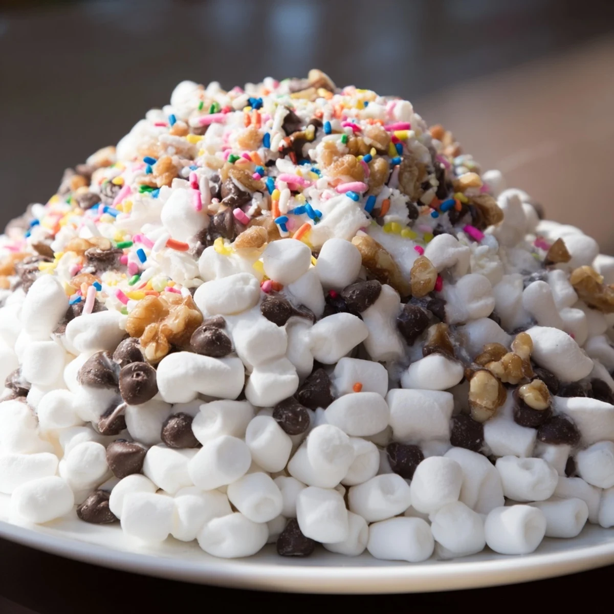 Warm, melted chocolate chips and mini marshmallows heap: a simple, sweet American dessert delight.
