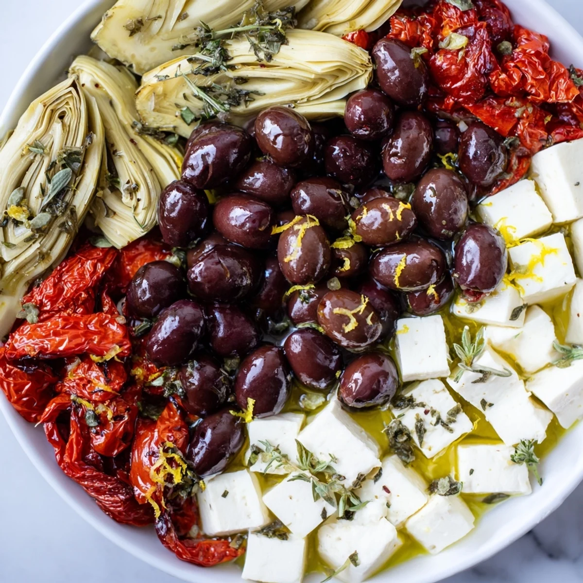 Close-up of a Black Olive and Sun-Dried Tomato Platter; olives, tomatoes, and feta cheese glistening.