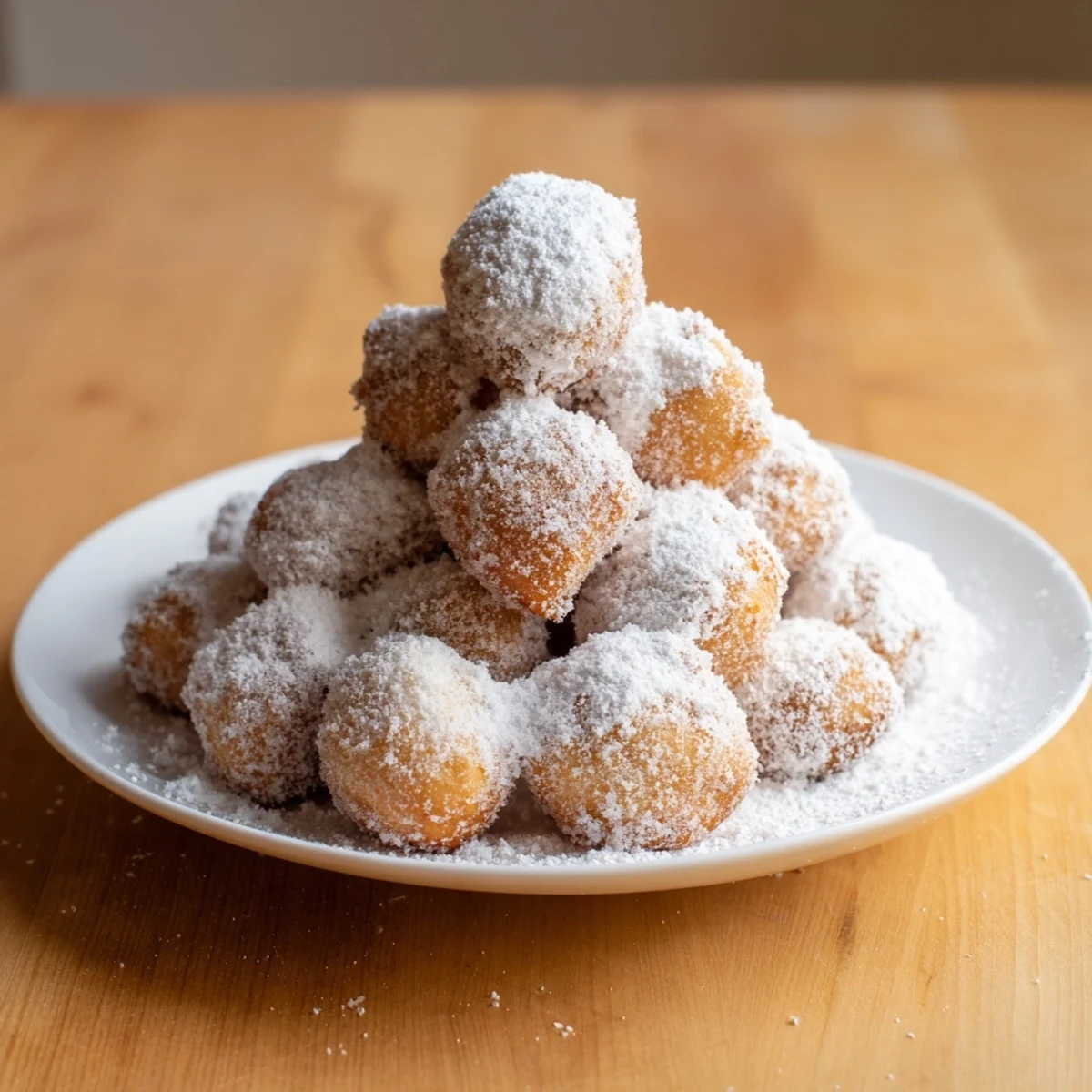 A close-up of a powdered sugar-dusted, delicious Powdered Donut Holes Mountain on a platter.