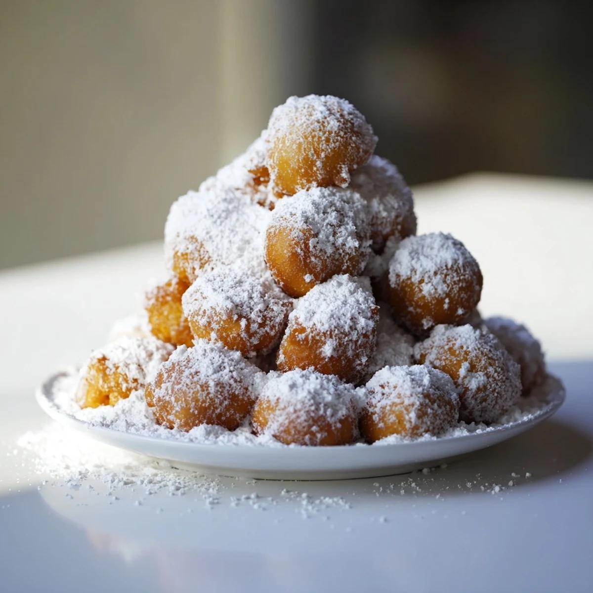 Powdered Donut Holes Mountain, piled high, ready to be dipped in decadent sauces.
