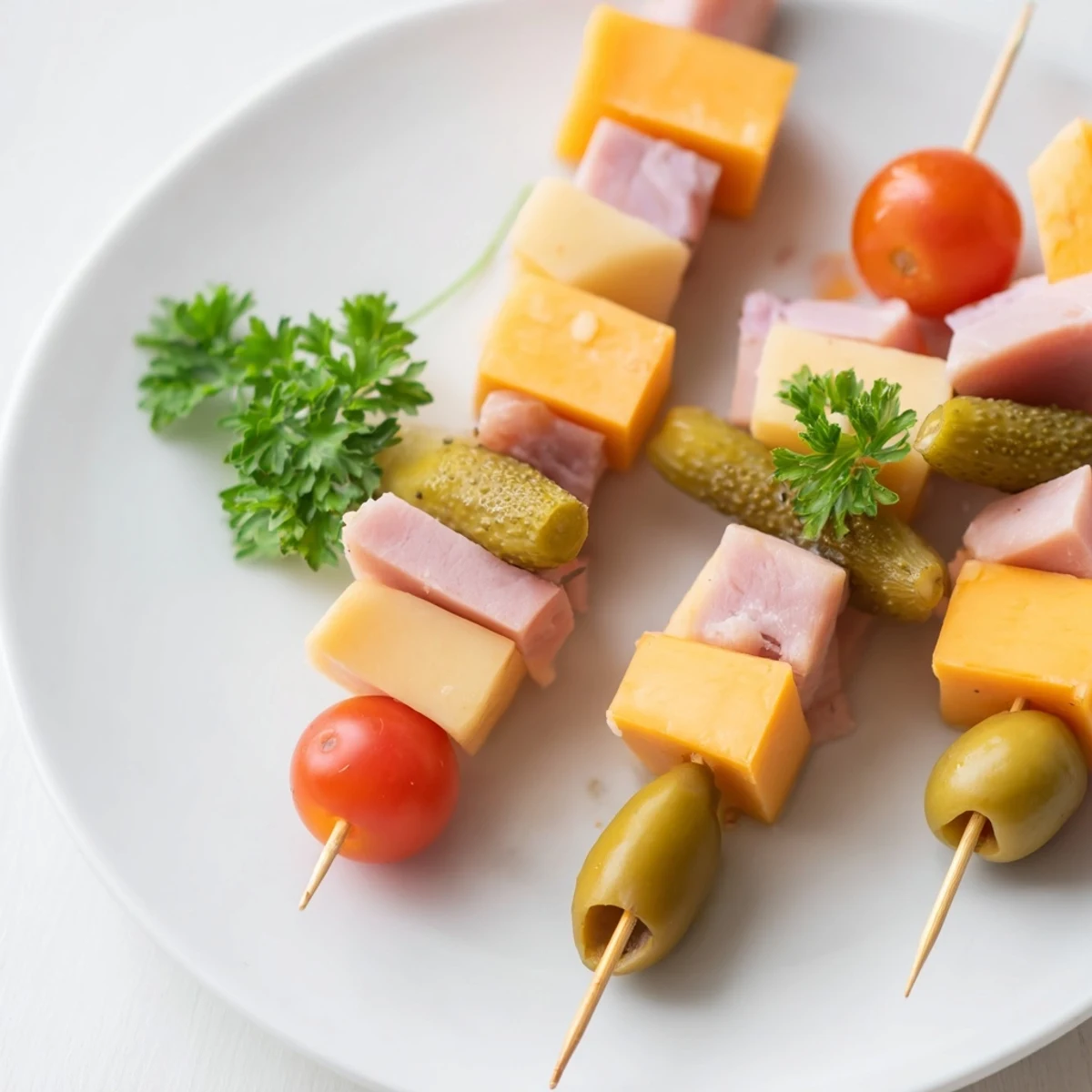 Savory Skewers: meat, cheese, and pickle cubes make a colorful party appetizer, skewered and ready to eat.